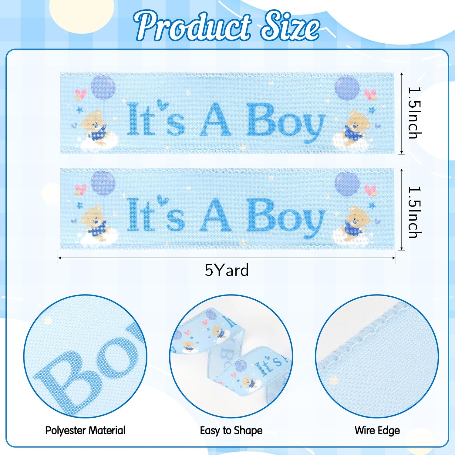 It's A Boy Ribbon for Baby Shower Decorations 1.5 Inch 10 Yards Baby Blue Wired Ribbon Blue Ribbons for Gift Wrapping DIY Craft Hair Bow Making Gender Reveal Party Diaper Cake Birthday Decor image 2