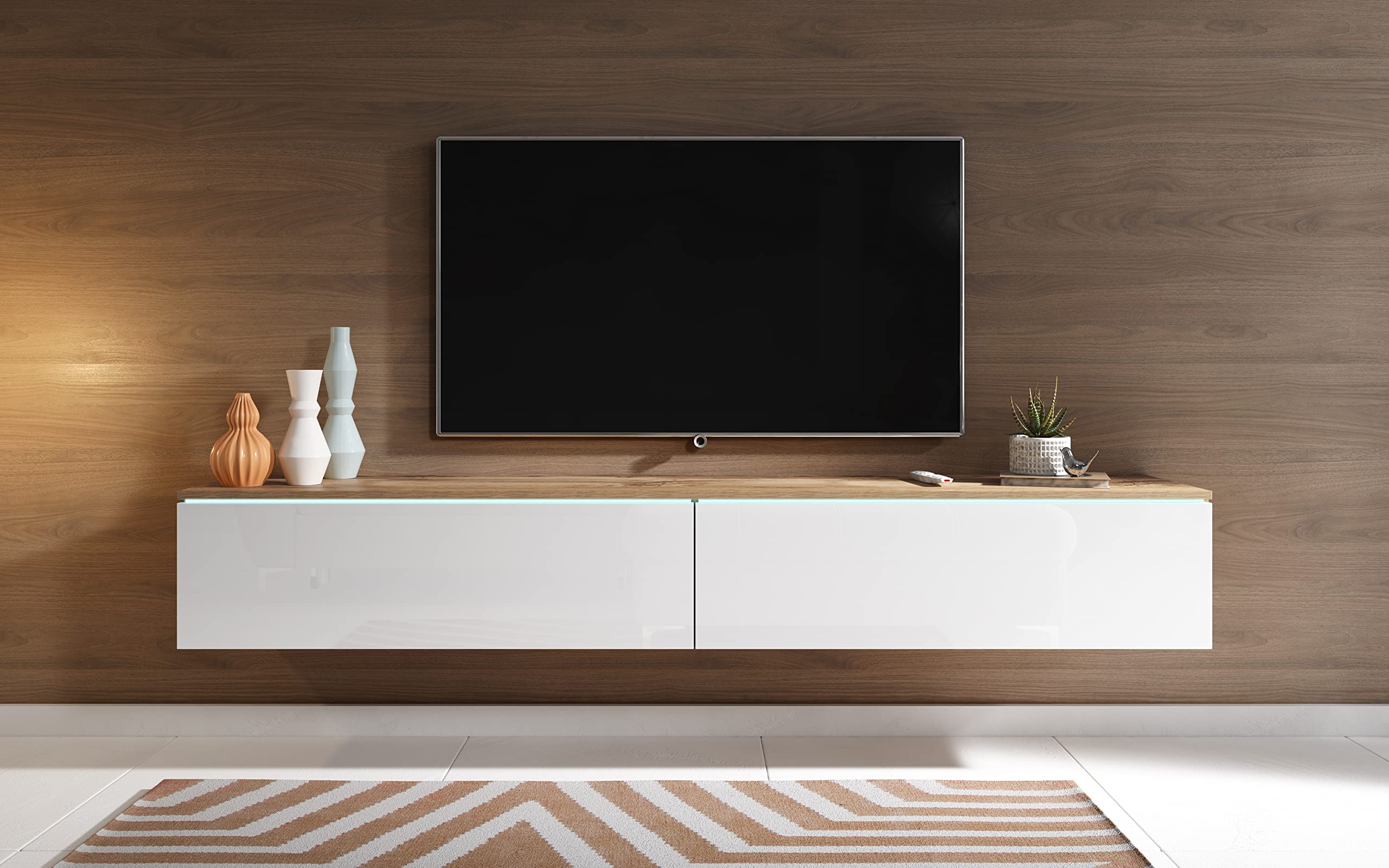 PIASKI Mobile TV Lowboard D 180 cm, Mobile TV, Tavolo TV, Illuminazione a LED opzionale, Colore wotan/Bianco lucido (Senza illuminazione a LED)