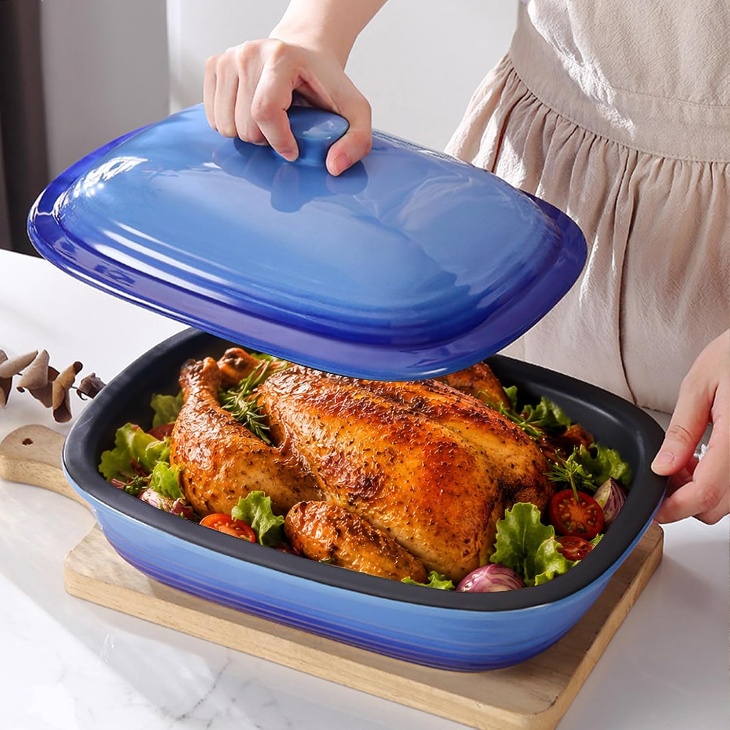 Ceramic Casserole Dish with Lid – 9x13 Stoneware Baking Dish with Lid for Oven, 2.57 Qt Large Deep Casserole Dishes for Oven, Covered Deep Casserole Dish Lasagna Pan (Blue A)