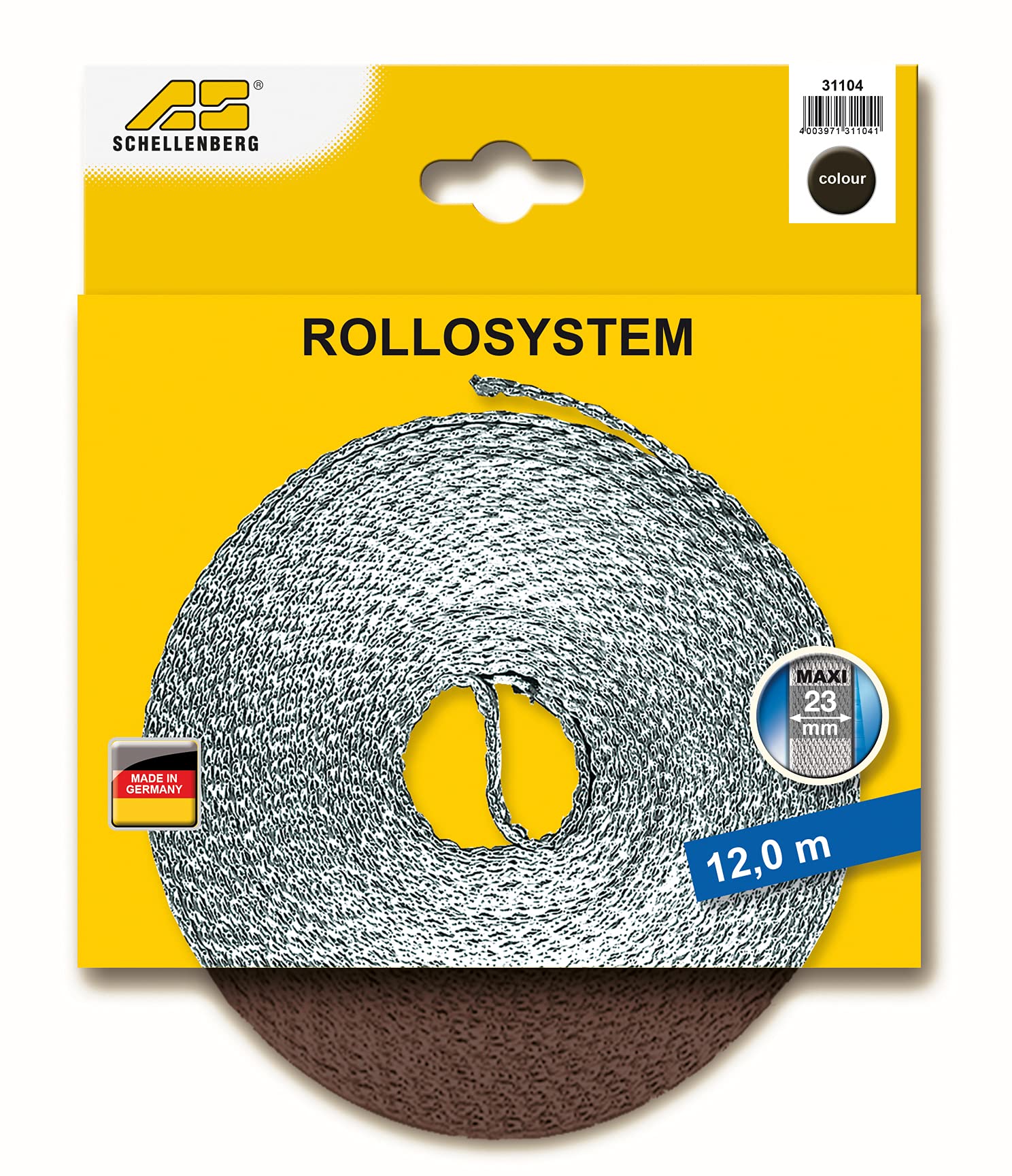 Schellenberg Rolladengurt Maxi, 23 mm breit, 12 m lang, braun, strapazierfähiges Gurtband für Rollladensystem Maxi, abriebfest mit verstärkten Webkanten, geeignet für Fenster‑ und Türrollläden, 31104