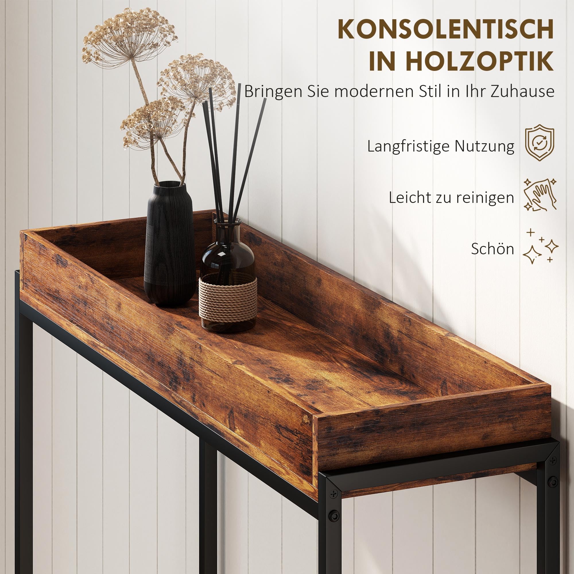 HOMCOM Konsola, stół do przedpokoju z poręczą, 100 x 30 x 91 cm, stolik pomocniczy z metalową ramą, stolik do sofy, mały stół wystawowy do małego pokoju, wejścia, korytarza, salonu, rustykalny brązowy