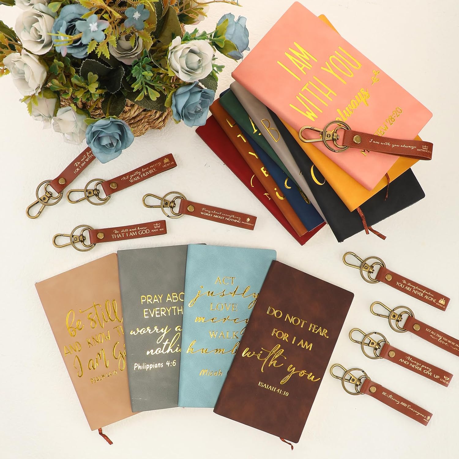 Qilery 24 Pcs Christian Coworker Gifts Bulk PU Leather Bible Verse Notebook Prayer Notepad with Leather Keychain Religious Journal Christian Party Favors for Easter Men Women Church Member Group