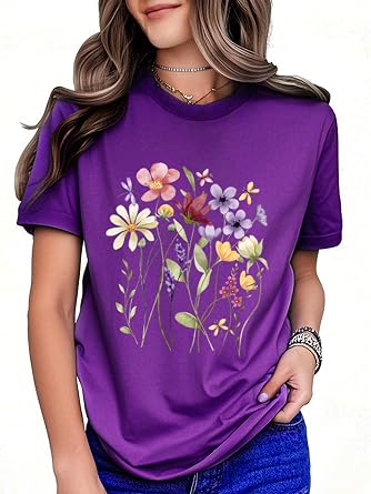 Women Floral Graphic Tee Short Sleeve T Shirts Vintage Wildflower Flowers Printed Summer Tops Tshirt