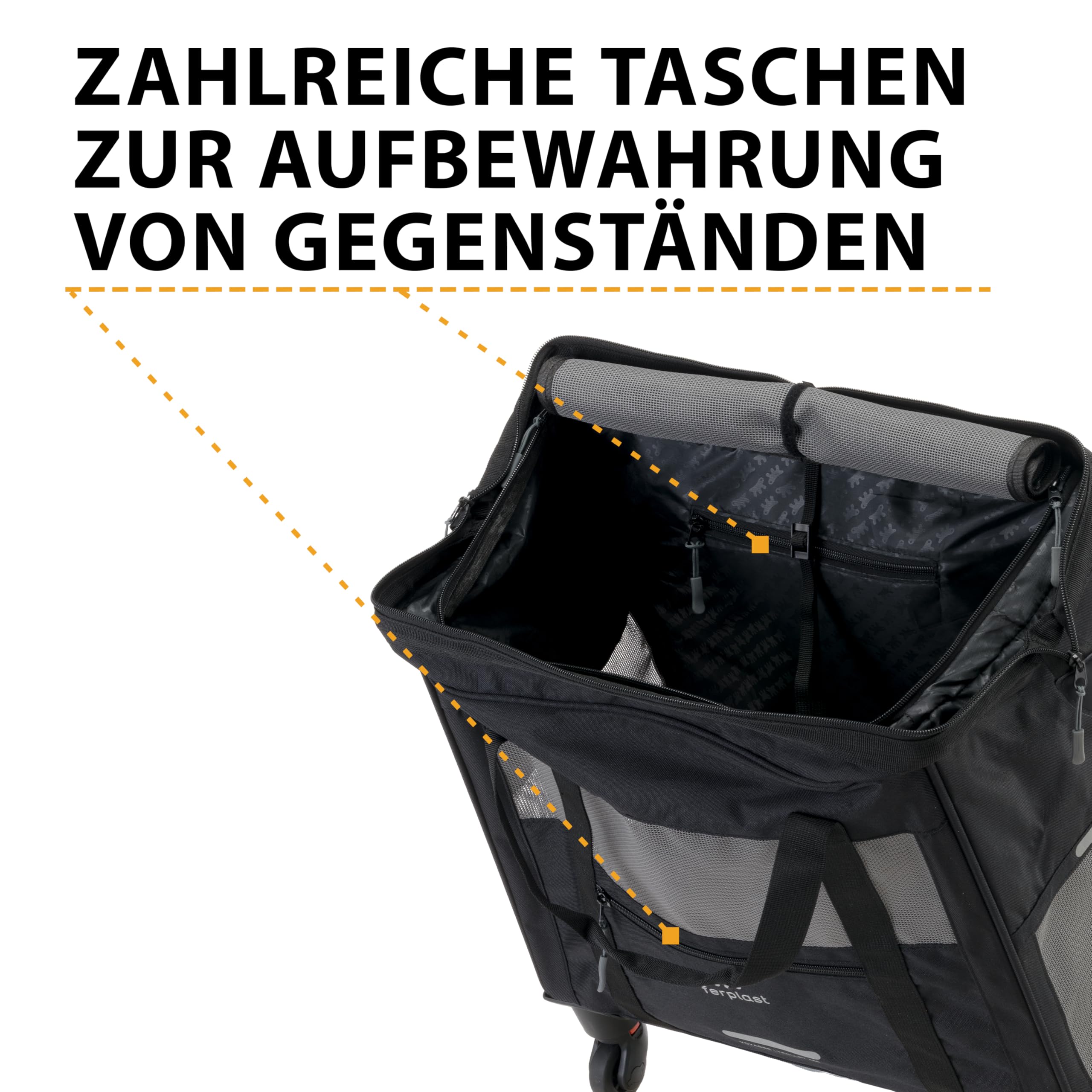 Ferplast Hundebox Voyager Trolley, Transportbox Katze, Hundetasche, ausziehbarer Griff, verstellbare Gurte, breite Öffnung, abnehmbare Räder, max. 15 kg, 46 x 26 x 48H cm, Schwarz