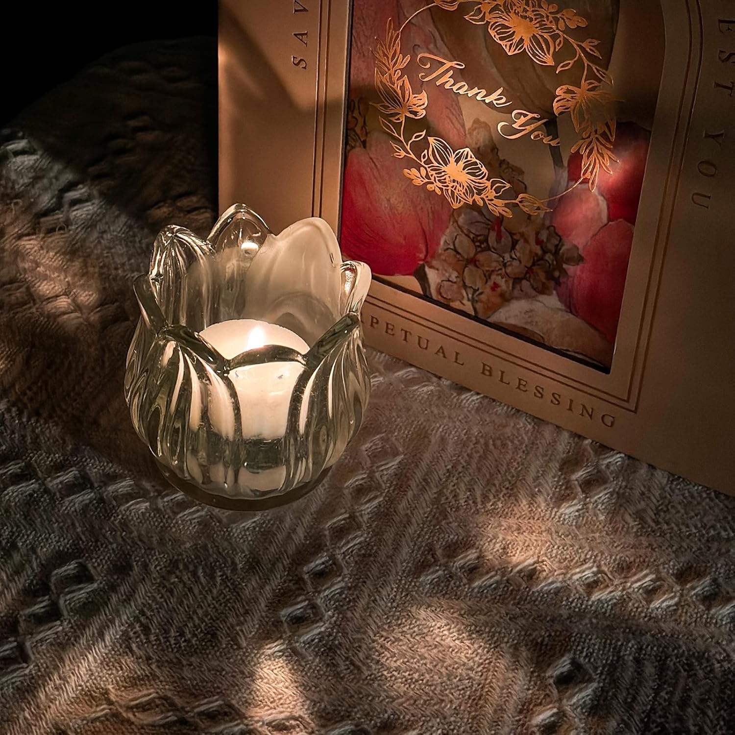 Tulip Votive Candle Holders Set of 12, Tea Light Candle Holder Glass for Table Centerpiece, Tealight Candle Holders for Wedding Déco, Birthday, Anniversary, Parties, and Holiday (Clear)