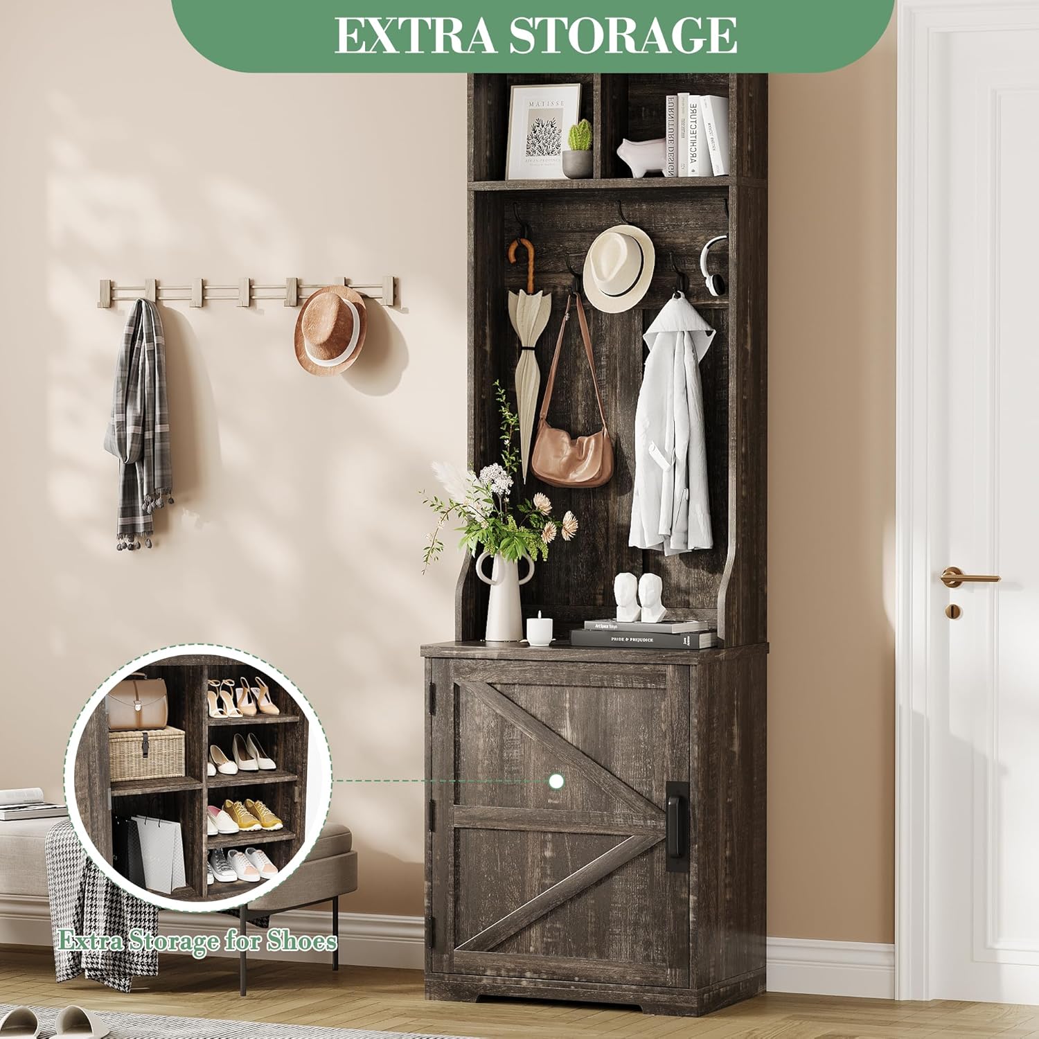 IDEALHOUSE Farmhouse Narrow Coat Rack with Shoe Storage, 23.6" Small Hall Tree with Bench, Entryway Coat Rack with 5 Hooks, 2 Cubbies & 1 Barn Door Cabinet for Entryway, Hallway, Mudroom, White/Brown