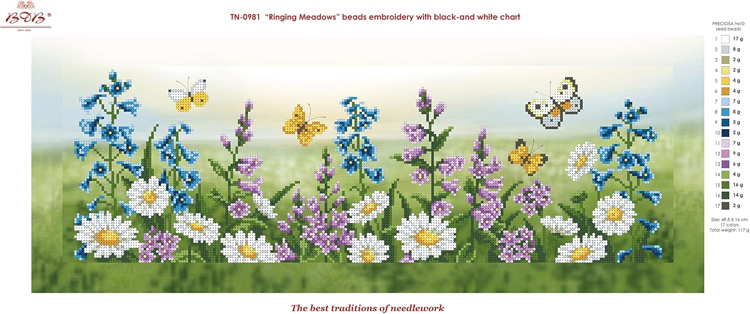 "Gingling Meadows"; Bead Embroidery kit; Contemporary Embroidery; 100% Glass Seed Beads Preciosa; Needlepoint; Handcraft; Tapestry kit; Needle Arts; Decor