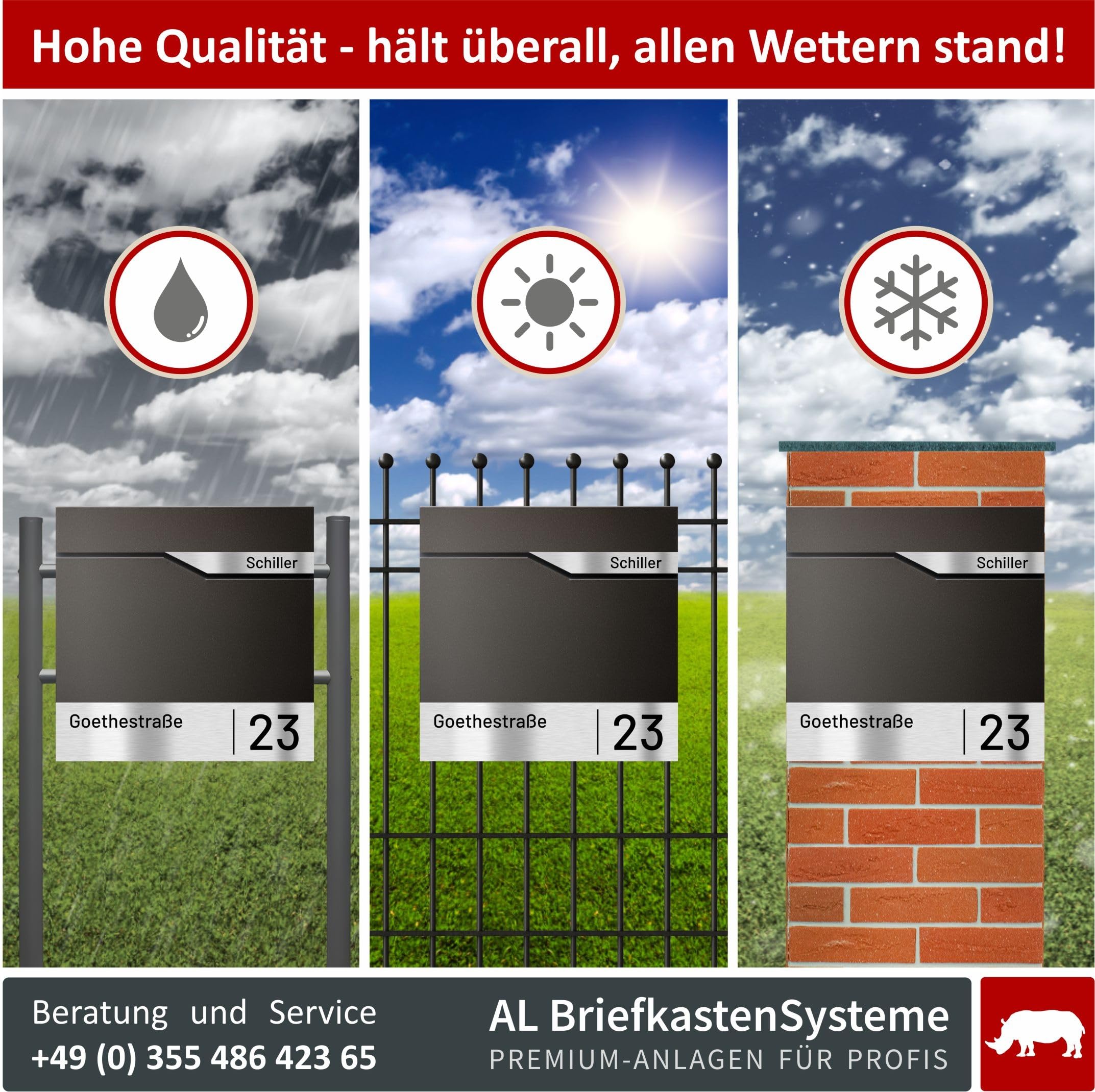 AL Briefkastensysteme Laser-Line 1er Briefkasten personalisiert mit Namen + Hausnummer - Postkasten Anthrazit RAL 7016 modern mit Zeitungsfach Gravur & Absenkautomatik für Wand- & Zaunbriefkasten