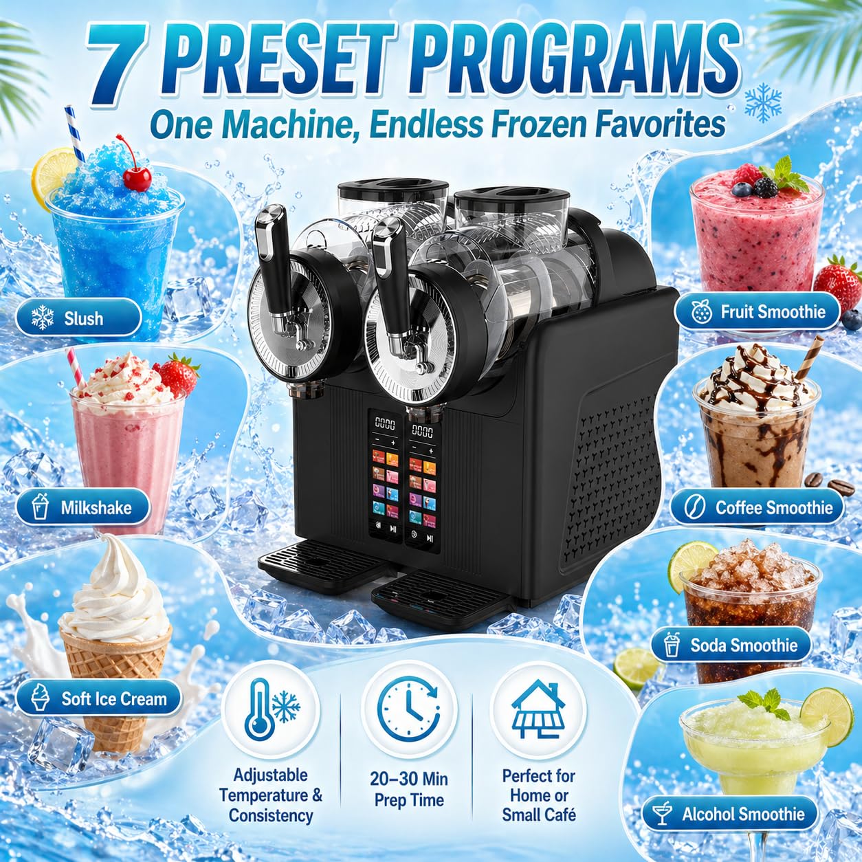Máquina para Granizados Profesional – Doble Depósito 2×2L, 7 Programas, Autolimpieza y Enfriamiento Rápido – Helado Soft y Batidos – para Cafetería, Food Truck, Bar en Casa BlackA