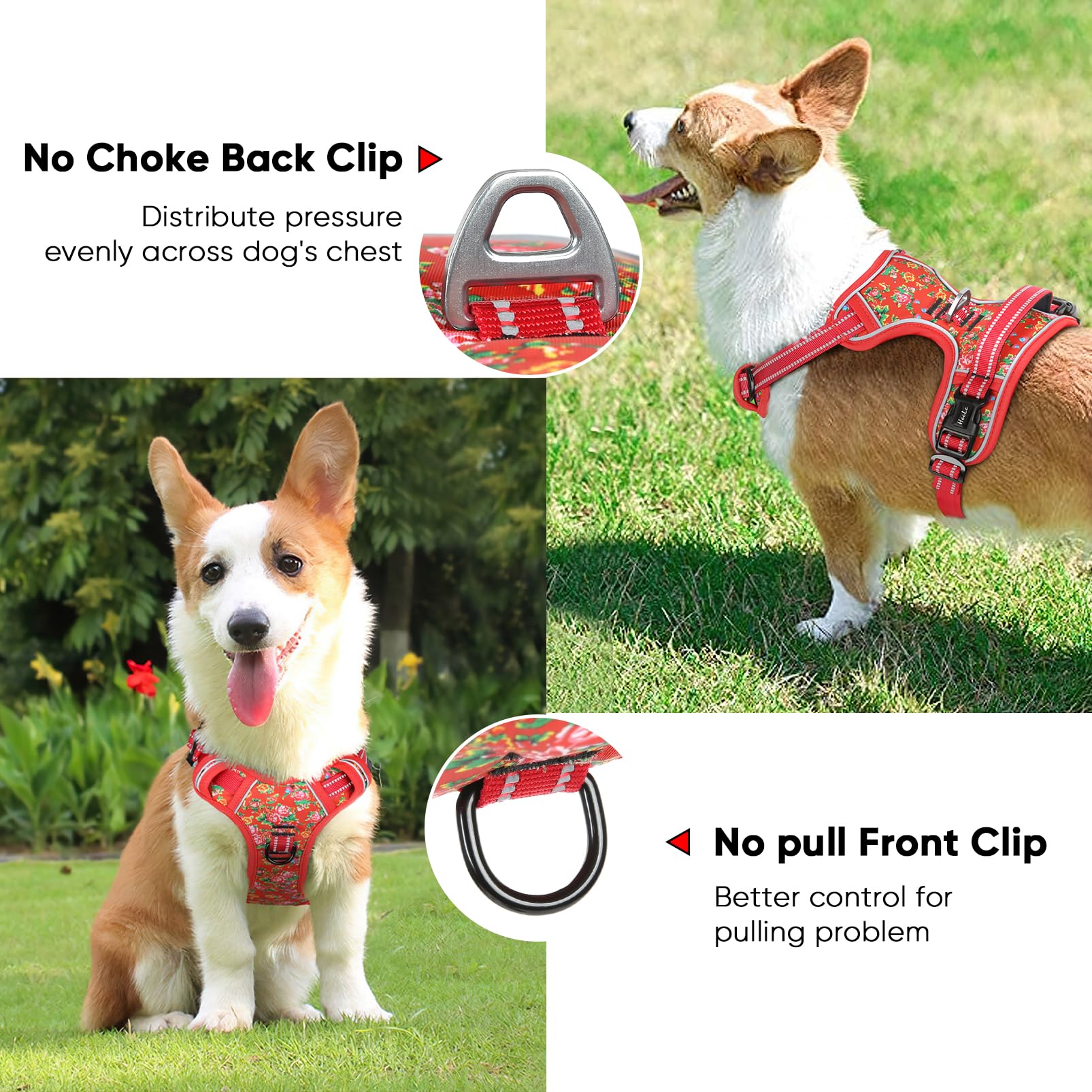 HEELE Pettorina Cane, Imbracatura Sganciata Rapido dal Collo, Pettorina Anti-tiro Riflettente e Regolabile con Maniglia Comoda, Morbida e Imbottita per Cani, Floral-Rosso-Serratura S