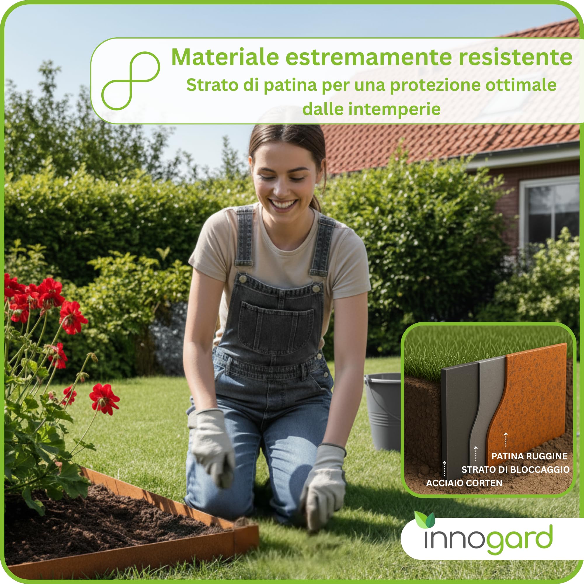 innogard 6011-001 - Nastro di bordatura per prato - in acciaio corten - altezza 15 cm, decorazione del giardino con ruggine - bordo con lunghezza di 10 m