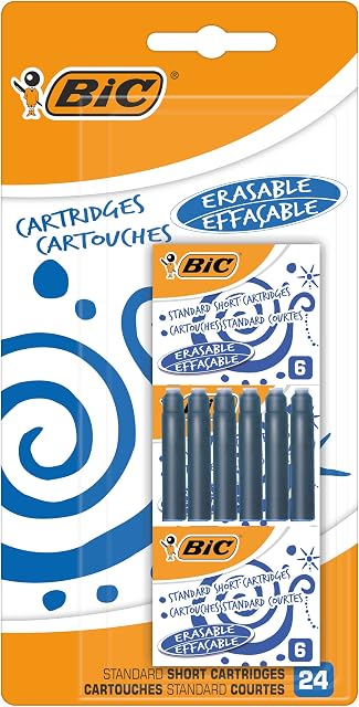 BIC Standard Short Ink Cartridges for Fountain Pens Erasable Blue Blister Pack of 24