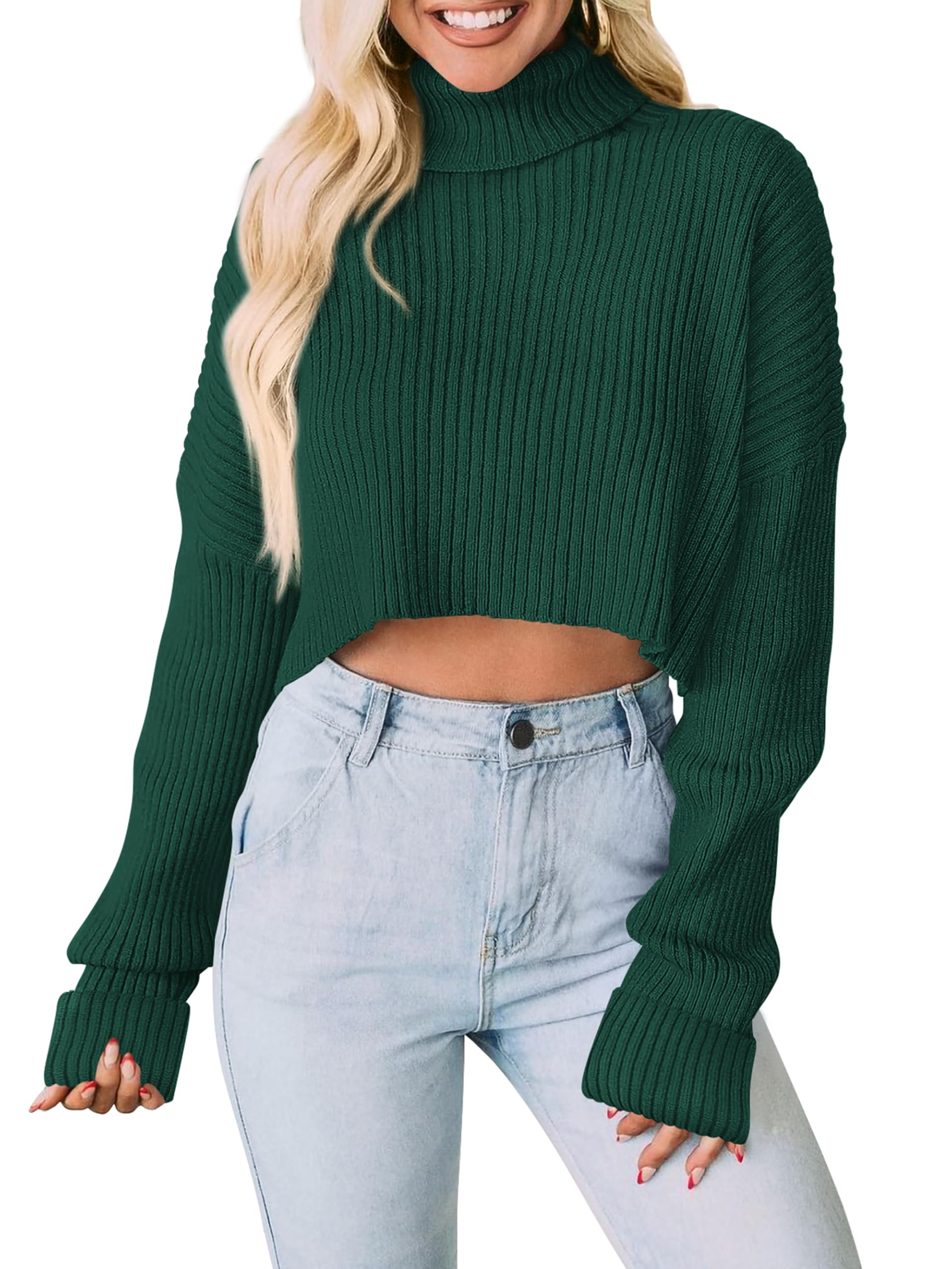PRETTYGARDEN Womens Turtleneck Long Sleeve Cropped Sweater