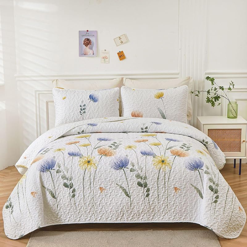 Dinjoy Quilt Set California King Size, Fall Floral Bedspread Bedding Set | Soft Microfiber, 3 Piece White Oversized Flower Bed Cover, Colorful Floral Boho Quilts for Fall Winter, Cal King(112"x96")