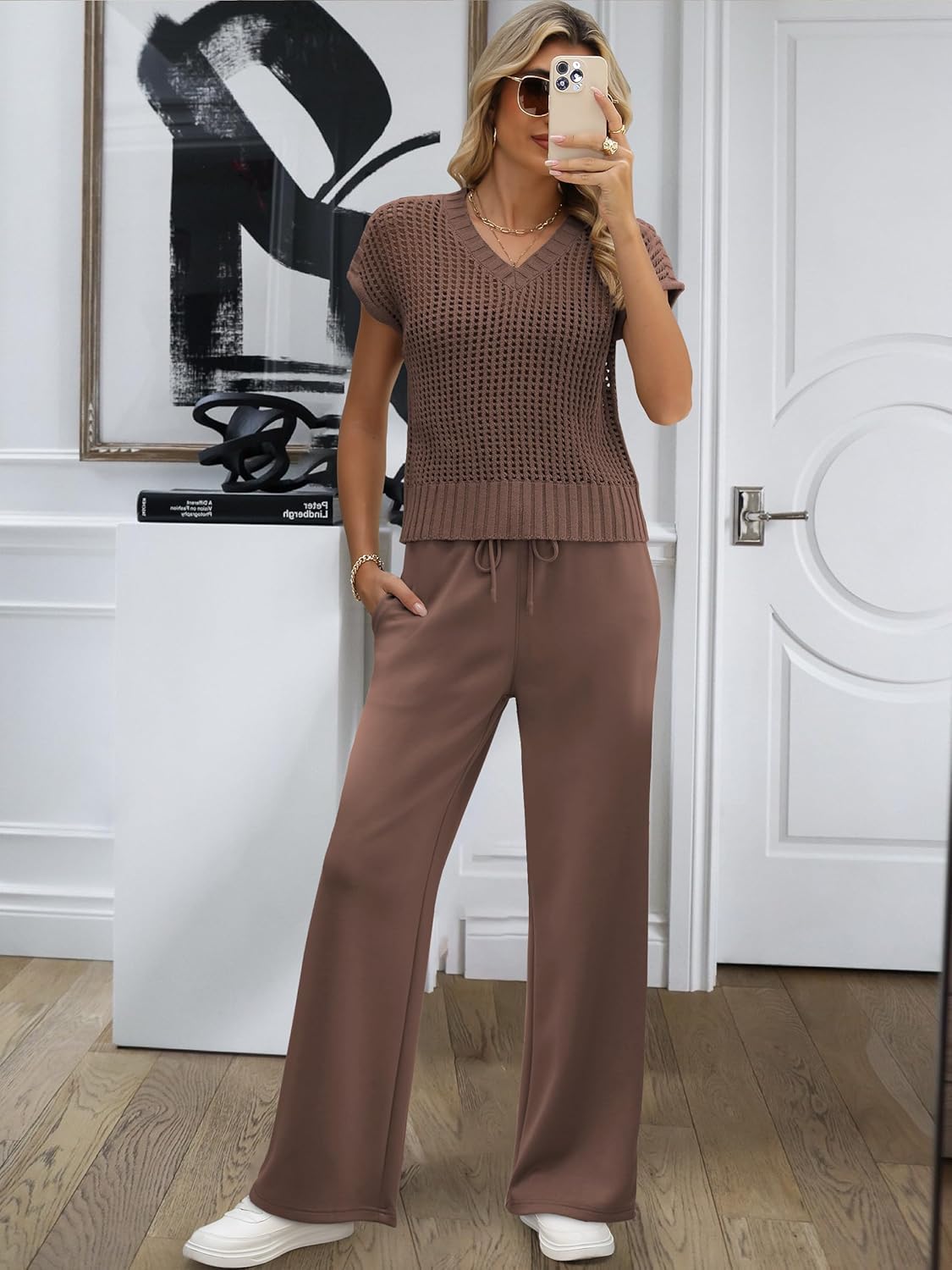 ANRABESS Women 2 Piece Outfits Summer Lounge Sets Crochet Knit Sweater Vest Wide Leg Pants Casual Beach Vacation Clothes - Image 4