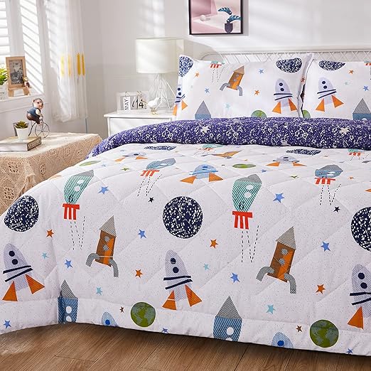 Brandream Kids Space Bedding Set Boy Girl Cotton Comforter Set Space Rocket Galaxy Bedroom 3-Piece Full Size