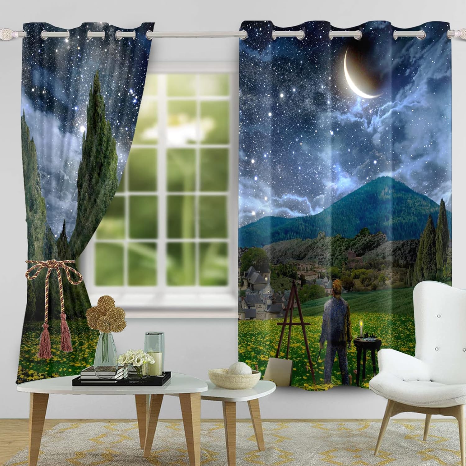 Oil Painting Tones Style Blackout Curtains Van Gogh Famous Painting Starry Sky Manor Night View European Landscape Window Drapes 2 Panel Set for Bedroom Living Room, 52 x 72 Inch