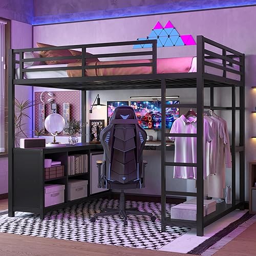 Bellemave Full Size loft Bed with L Desk, Wardrobe, Metal Full Loft Bed Frame for Adults, Kids, Teens, Black