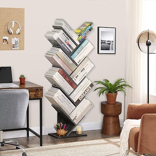 Miniatura 2 de SHEEPAM Estantería de madera de pie de 10 niveles para espacios estrechos, organizador de almacenamiento para librosCDsrevistas, estantería con