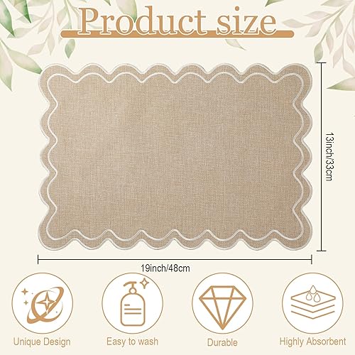 Miniatura 2 de Juego de 6 manteles individuales de algodón y lino, 13 x 19 pulgadas, manteles individuales bordados ondulados festoneados, de doble capa, lavables,