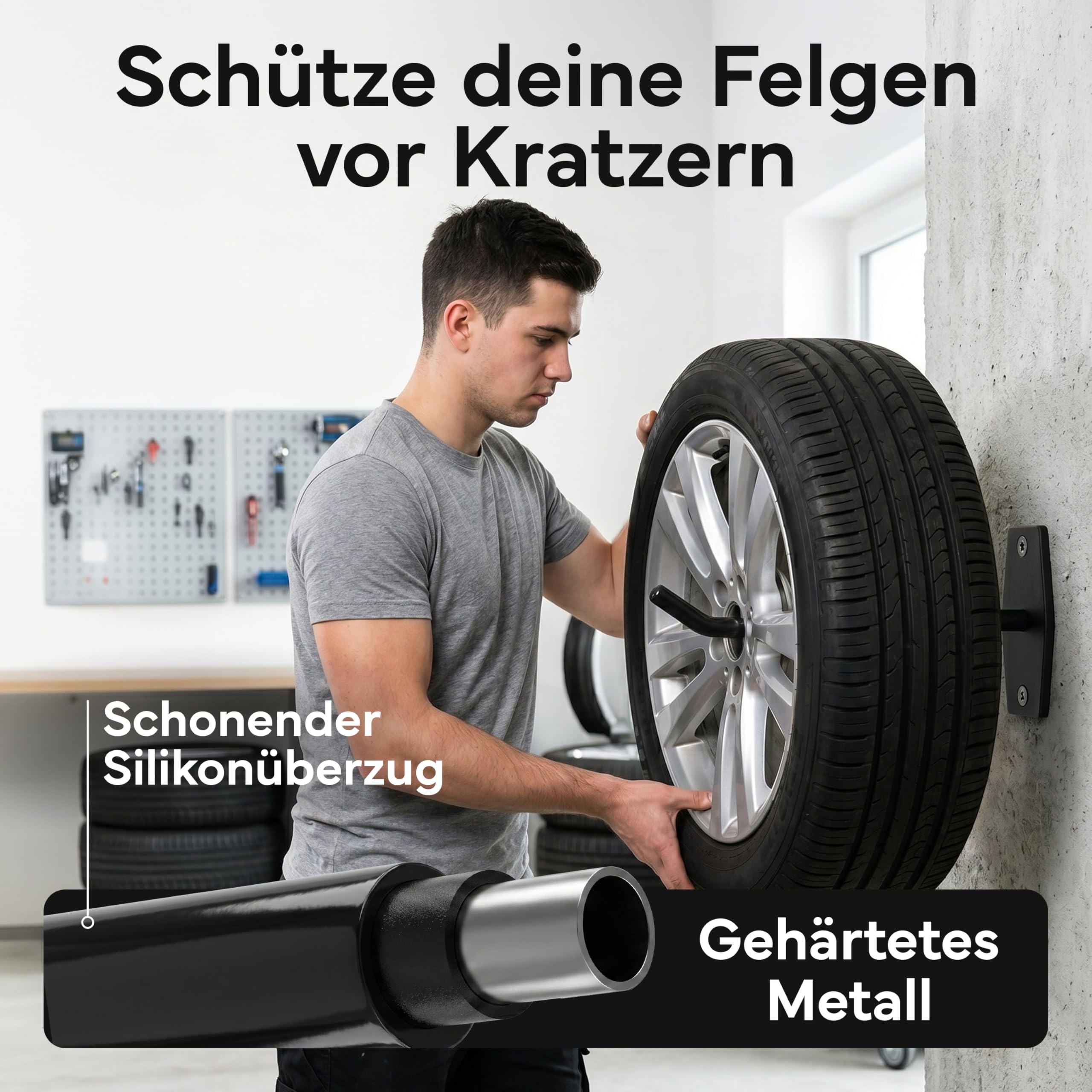 NEOLYMP Autoreifen Wandhalterung 4er Set - Platzsparende Reifenlagerung in der Garage - gehärteter Stahl, gummiert, bis 40kg pro Wandhalter - inkl. Fischer Dübel - Reifenhalter Wandhalterung
