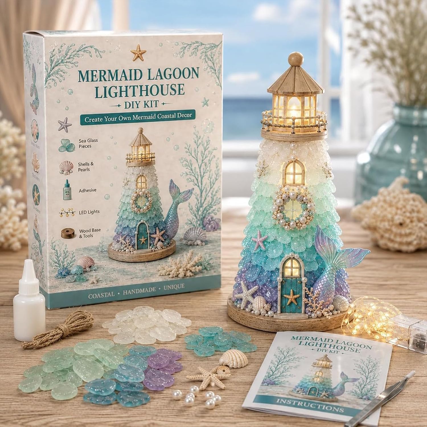 DIY Lighted Sea Glass-Style Lighthouse Kit for Creative Adults