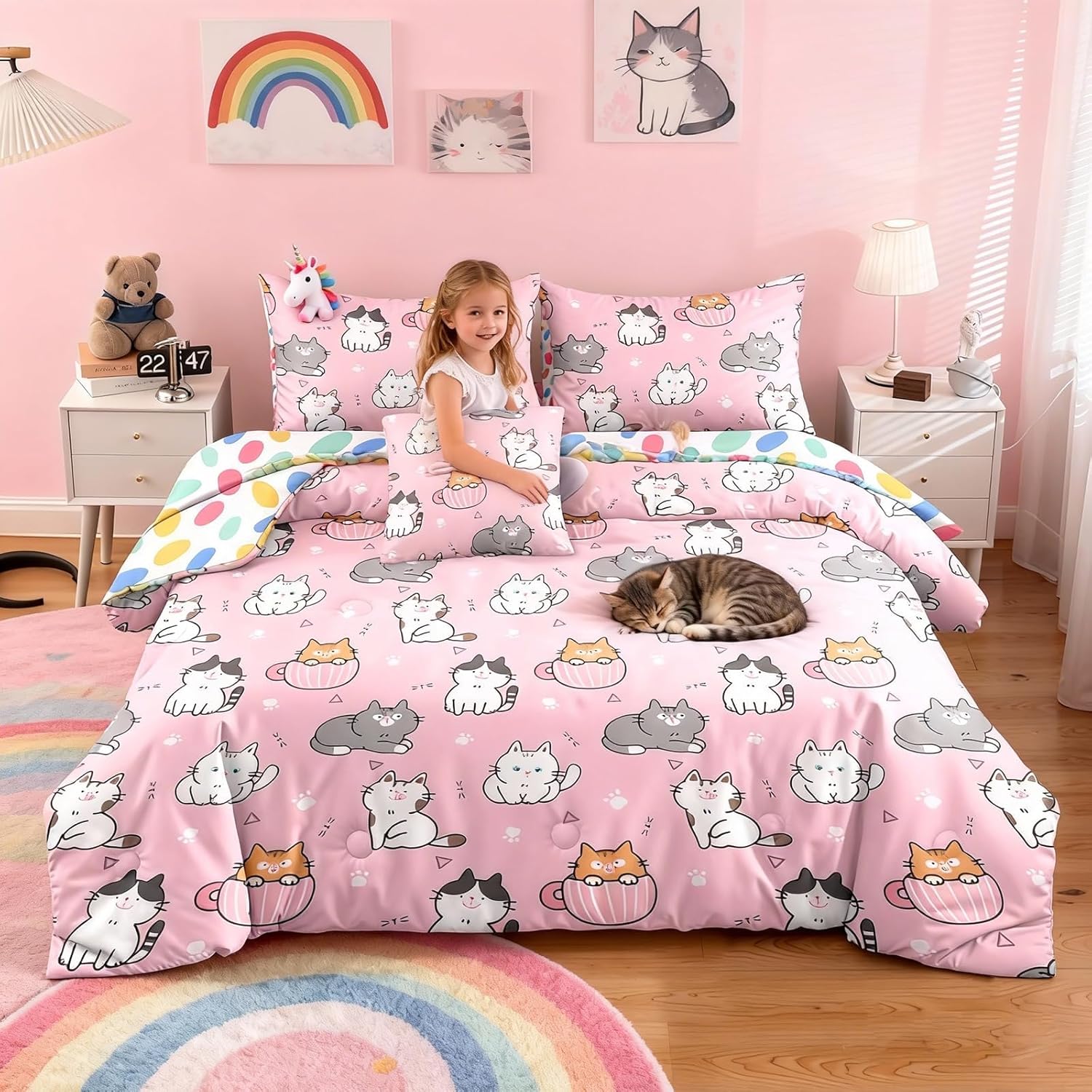 Bodhi Girls Comforter Set Full with Butterfly Print,Pink Butterfly Bedding Set for Kids,Girls Full Bedding Sets 6 PCS (1 Com, 1 Flat Sheet, 1 Fitted Sheet, 2 Pillowcases,1 Cushion Cover)