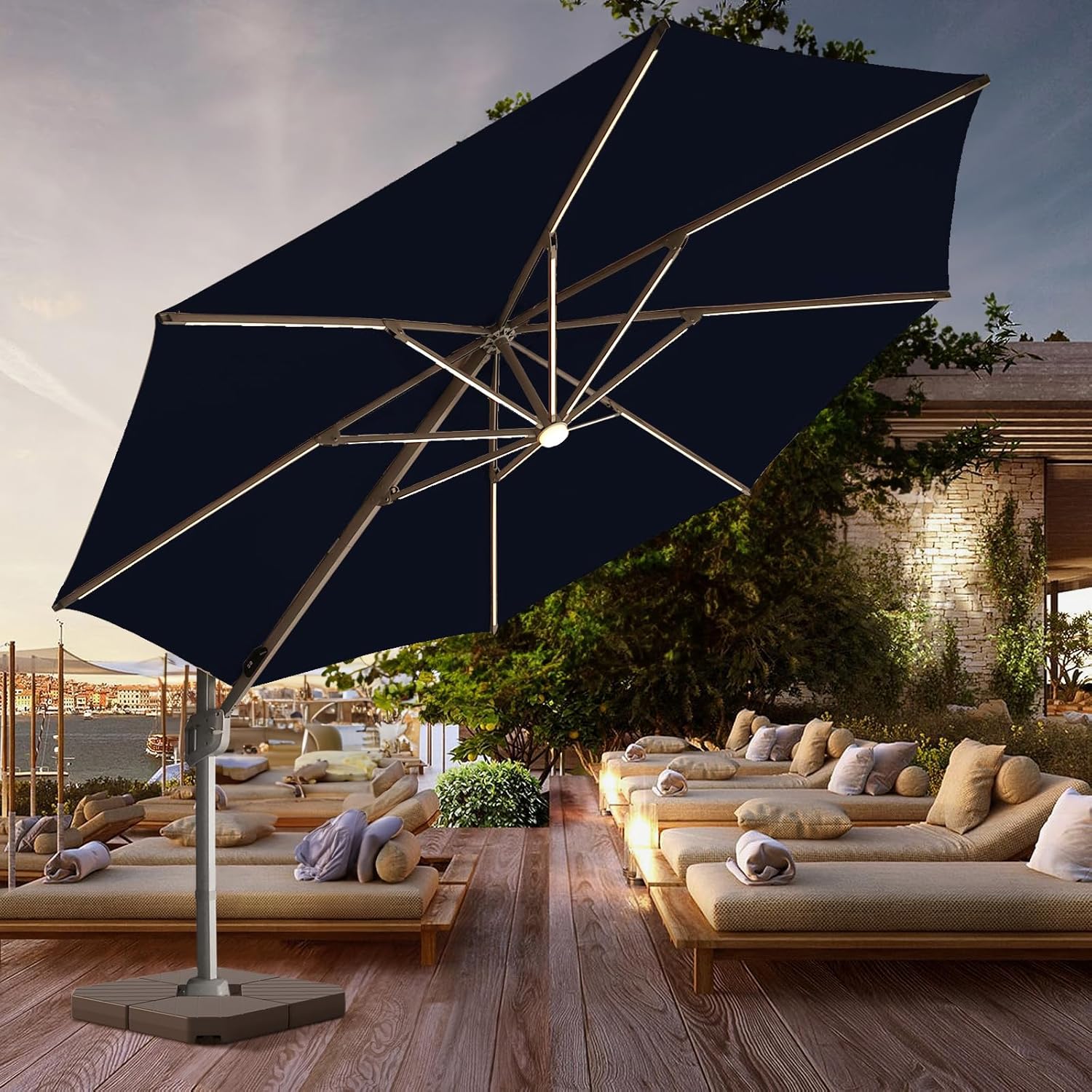 wikiwiki 12 FT Cantilever Patio Umbrella with Solar Lights, Offset Umbrella Outdoor Patio with 360 Rotation and Unlimited Tilting System, Heavy Duty Umbrella with Cross Base, Navy Blue