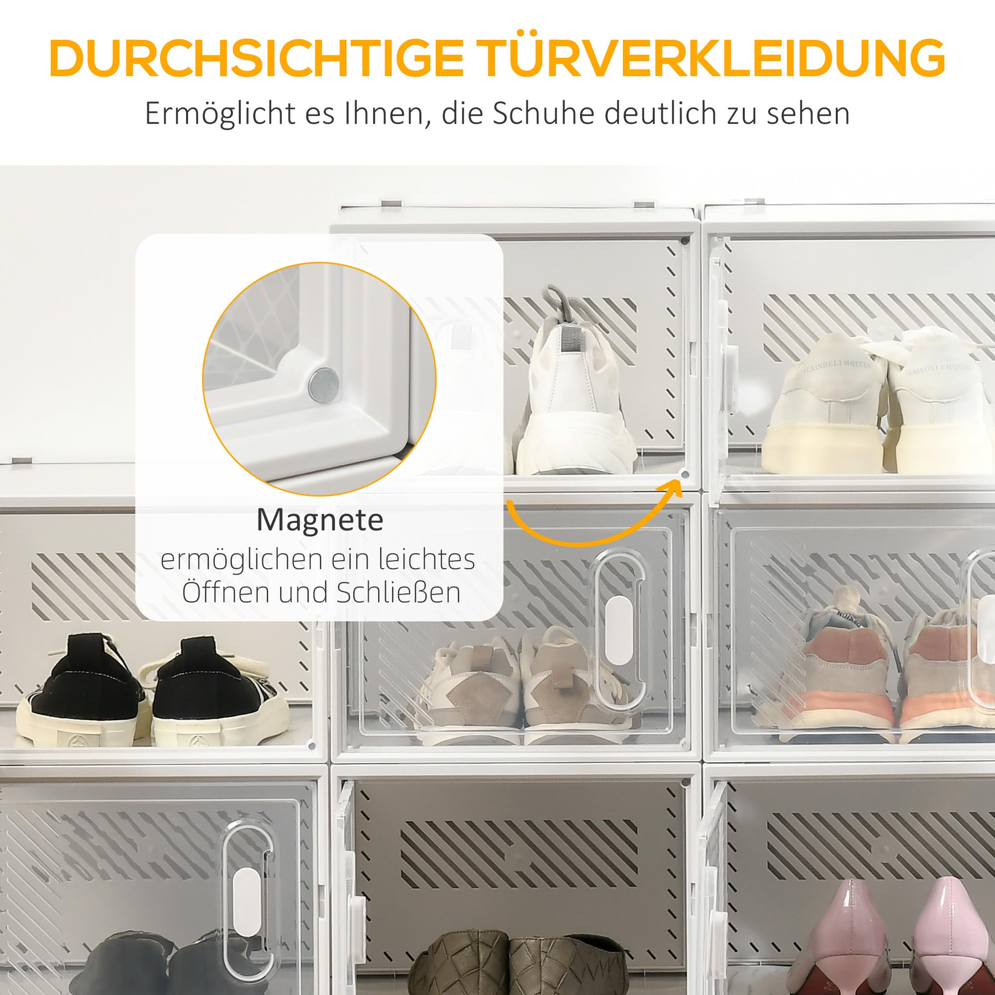 HOMCOM Schuhboxen 18er Set Stapelbar, bis Größe 45, Transparent+Weiß | Schuhkarton, Schuhorganizer, Schuhaufbewahrung, Aufbewahrungsboxen, Schuhschrank, Regalsystem, Transparent Tür
