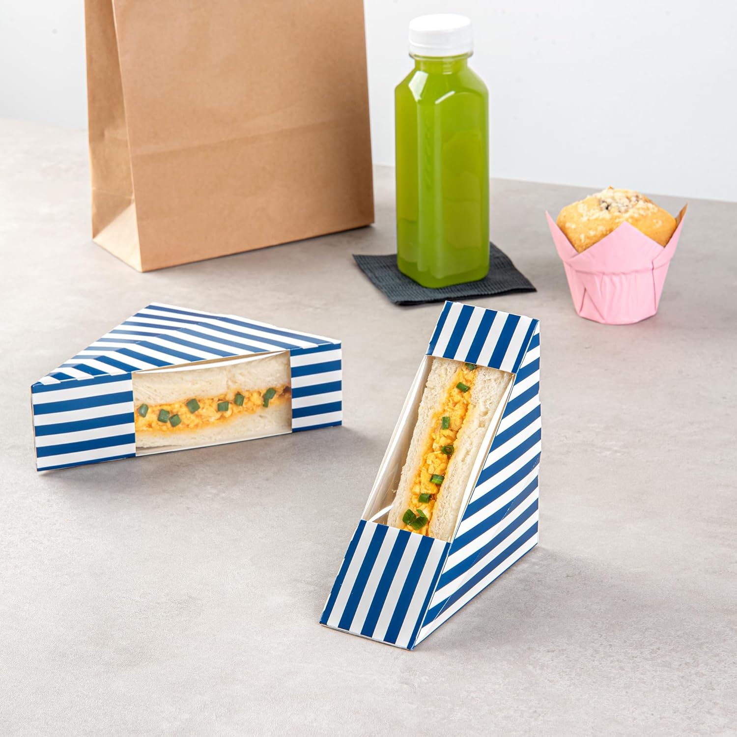 Restaurantware Cafe Vision 4.8 x 2 Inch Sandwich Paper Boxes, 200 Small Sandwich Wedge Boxes - With Window, Disposable, Blue And White Paper Triangle Sandwich Containers, Striped, Grease-Impervious