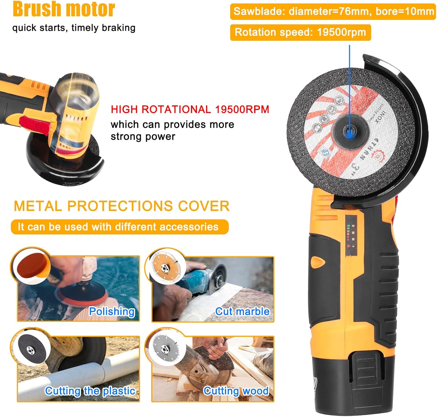 Hancaner 19500rpm Electric Grinding Tool, Multifunctional Electric Grinder, Handheld Cutter with 2 PCS Cutting Blades for Cutting Polishing Ceramic Tile Wood Stone Steel, (US Plug 2pcs batteries)