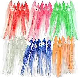 30 iscas luminosas de pesca de lulas, saias de polvo brilhantes, iscas de pesca de água salgada, iscas de pesca macia para robalo e salmão
