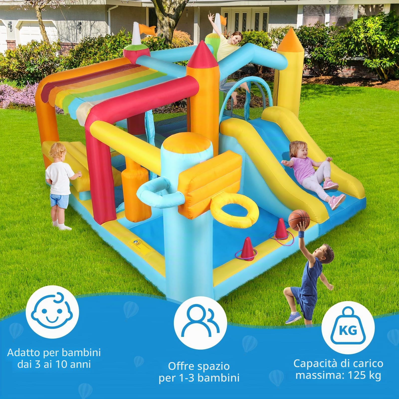 LEADZM Castello gonfiabile con ventilatore, castello gonfiabile con piscina, scivolo, trampolino, supporto per boxe, 356 x 315 x 203 cm