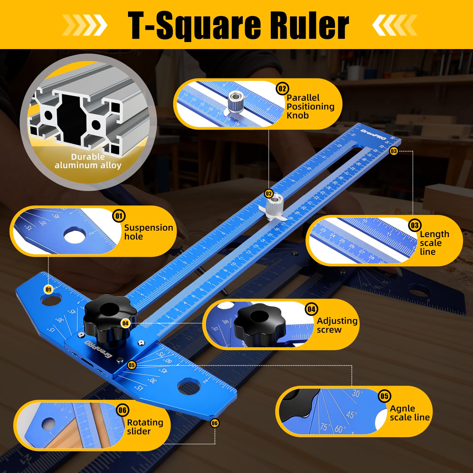 GRENPRO Speed Combination T-Square Woodworking Carpenter Angle Finder Ruler — Amazon image 8