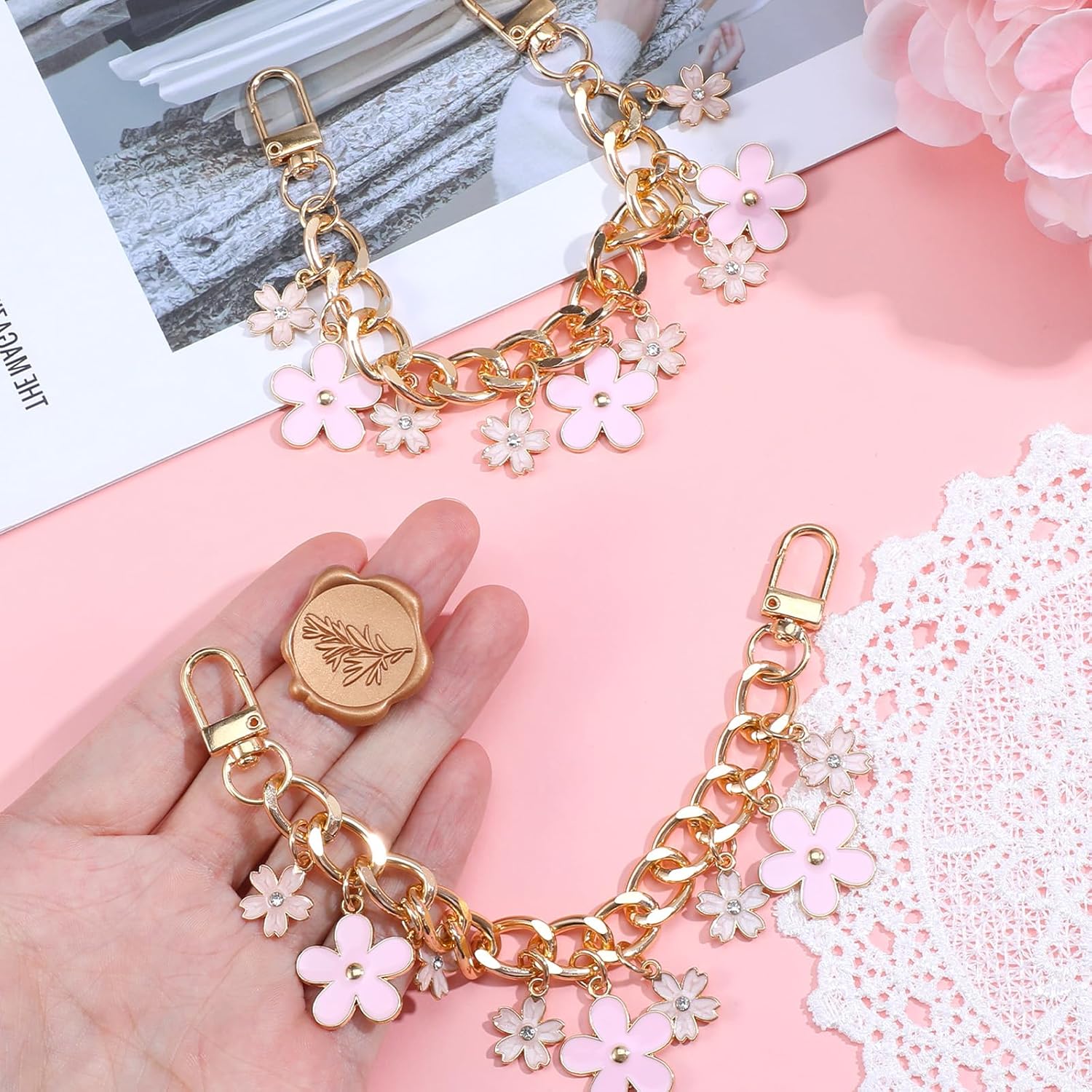 2 Pcs Purse Charms Gold Bag Charms for Handbags Purse Chain Cherry Blossoms Bags Extender Chain Short Chains Straps Enamel Flower Charm Purses Handle Golden Chains for Wallet Crossbody Shoulder Bag - Image 5