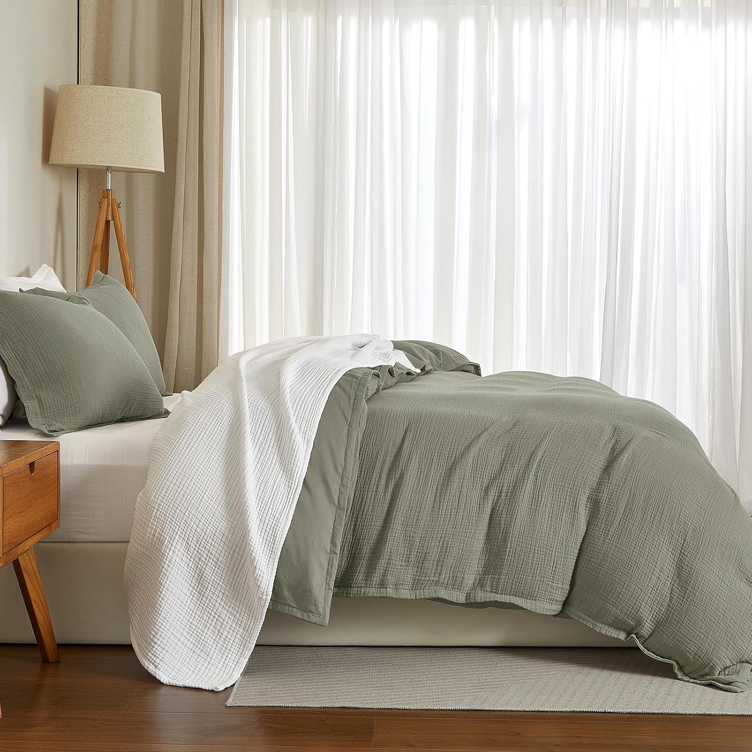 PHF Cotton Muslin Duvet Cover King Size, 3-Layer Ultra-Soft Lightweight Breathable Guaze, Skin-Friendly Minimalist Comforter Cover Set for All Season, with 2 Pillow Shams, 104"x90", Dusty Sage