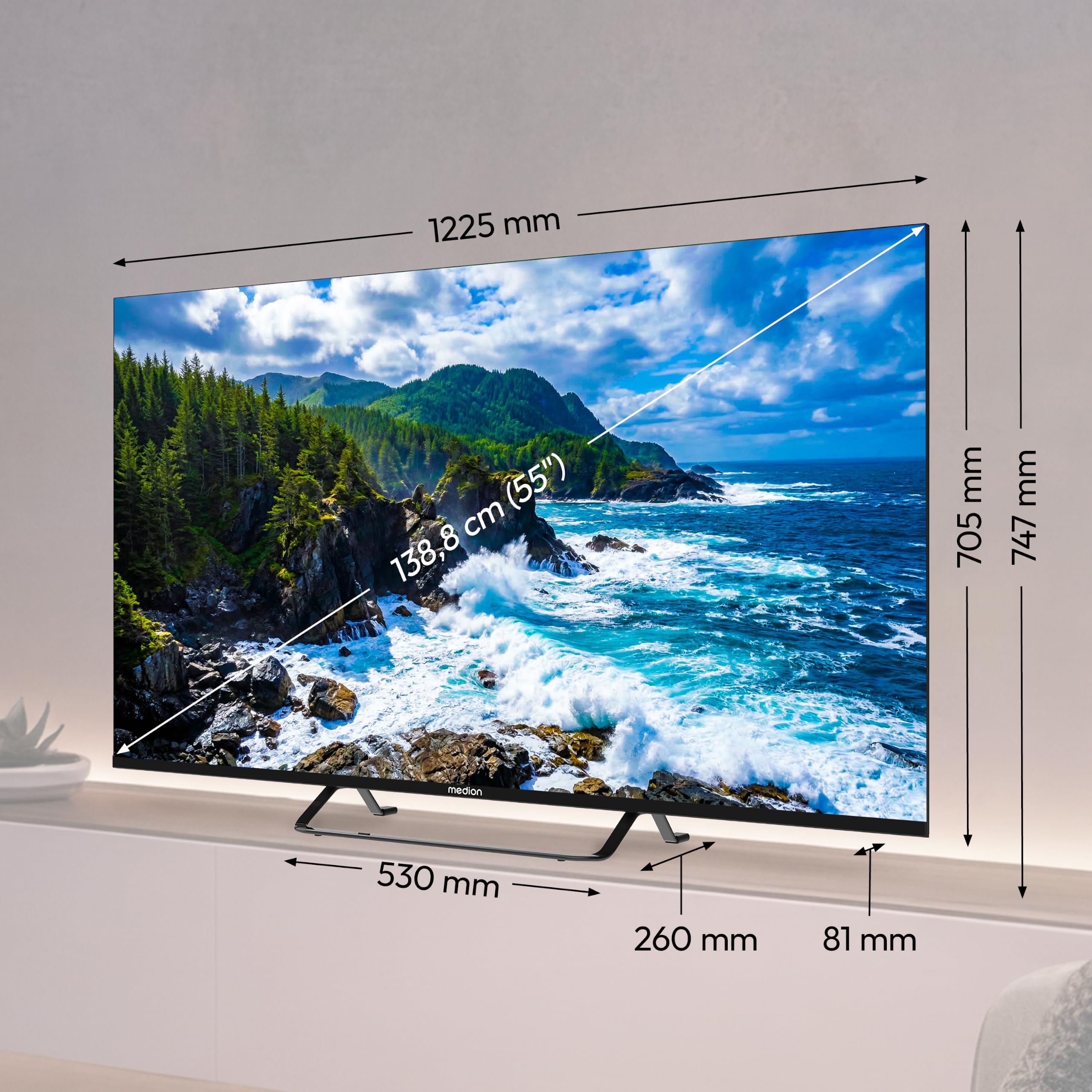 MEDION 138.8 cm 55" Televisor QLED Smart TV 4K Dolby Vision HDR Prime Video Disney+ Compatible con Google TV PVR Bluetooth, MD855701