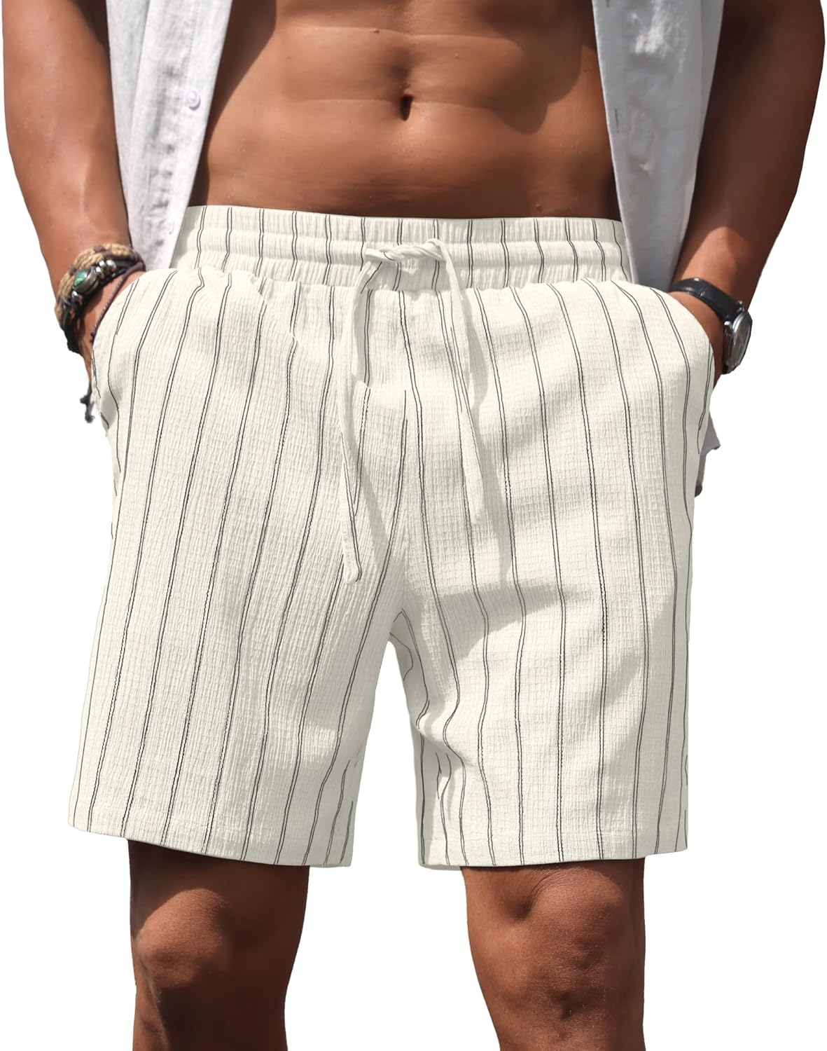 Sailwind Mens Striped Casual 7" Shorts Summer Beach Elastic Waist Drawstring Shorts with Pockets - Image 3