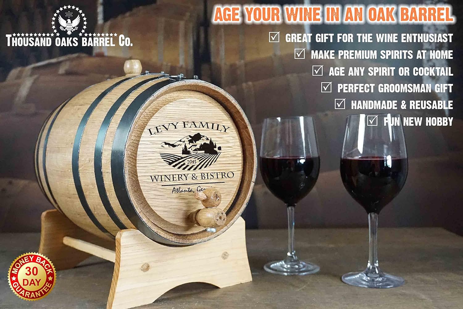 Personalized 5 Gallon Wine Barrel with Stand, Bung and Spigot (20 Liter) - For The Home Brewer, Distiller, Wine Maker and Cocktail Aging Bartender (B314)