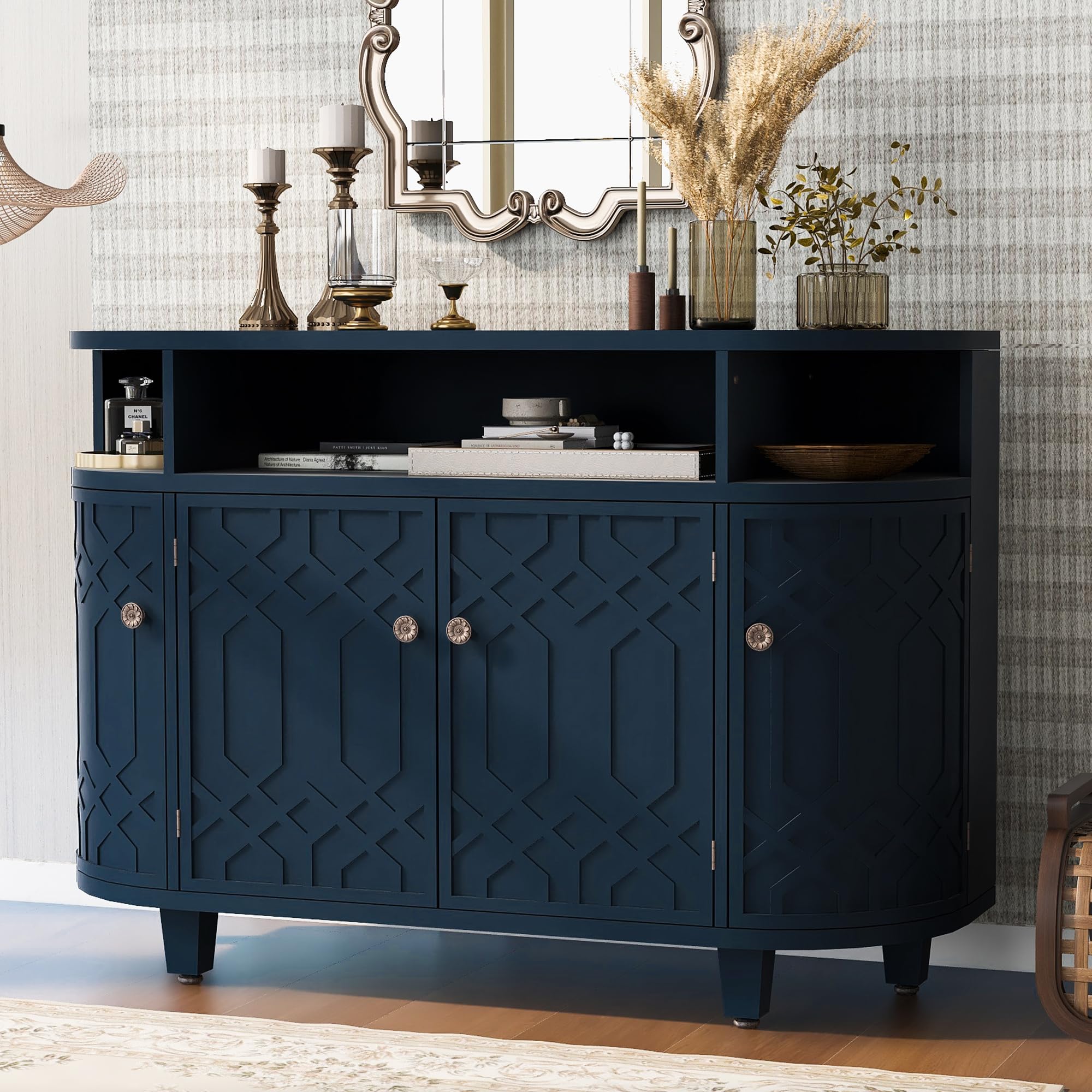 Quarte Accent Storage Cabinet, Curved Design Sideboard with Four Doors and Adjustable Shelves,Console Table for Corridors, Entrances and Study (Navy