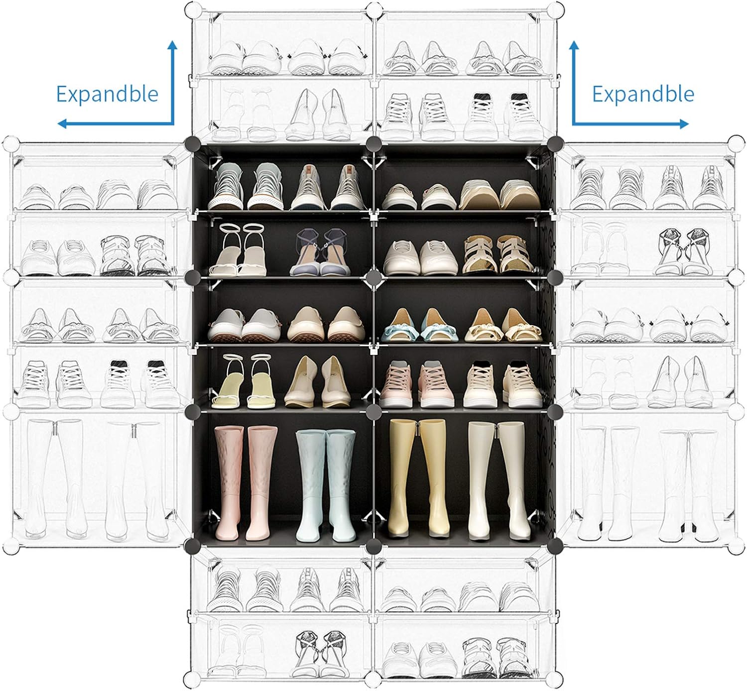 KOUSI Portable Shoe Rack Organizer 72 Pair Tower Shelf Storage Cabinet Stand Expandable for Heels, Boots, Slippers， Transparent Door