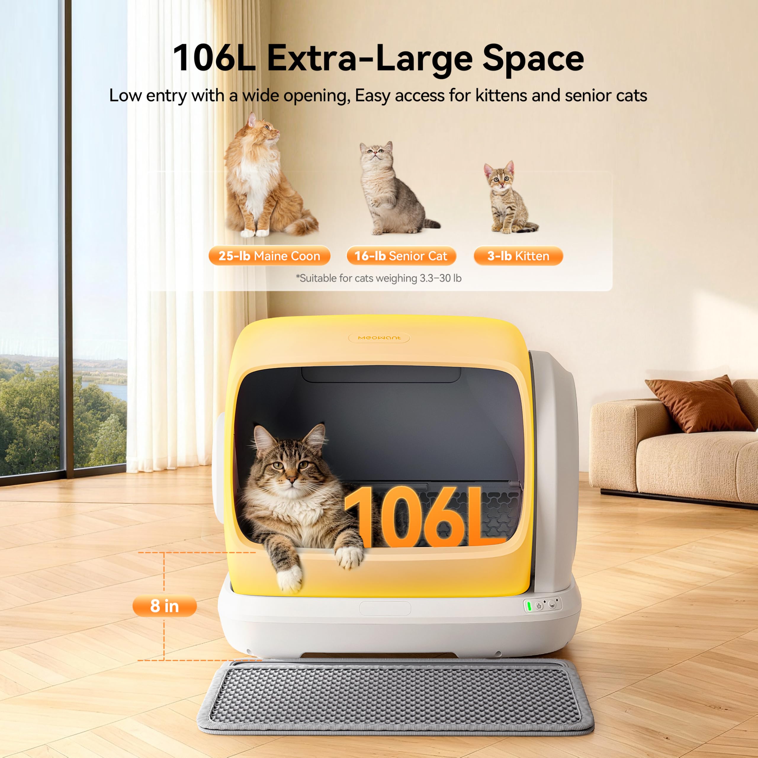 MeoWant Arenero Gatos Autolimpiable 106L, Extra Grande, Entrada Baja, Sensor de Seguridad, Antipinzamiento,Control Mediante App, Libre de Olores, Arenero Automatico XXXL Ideal para Múltiples Gatos
