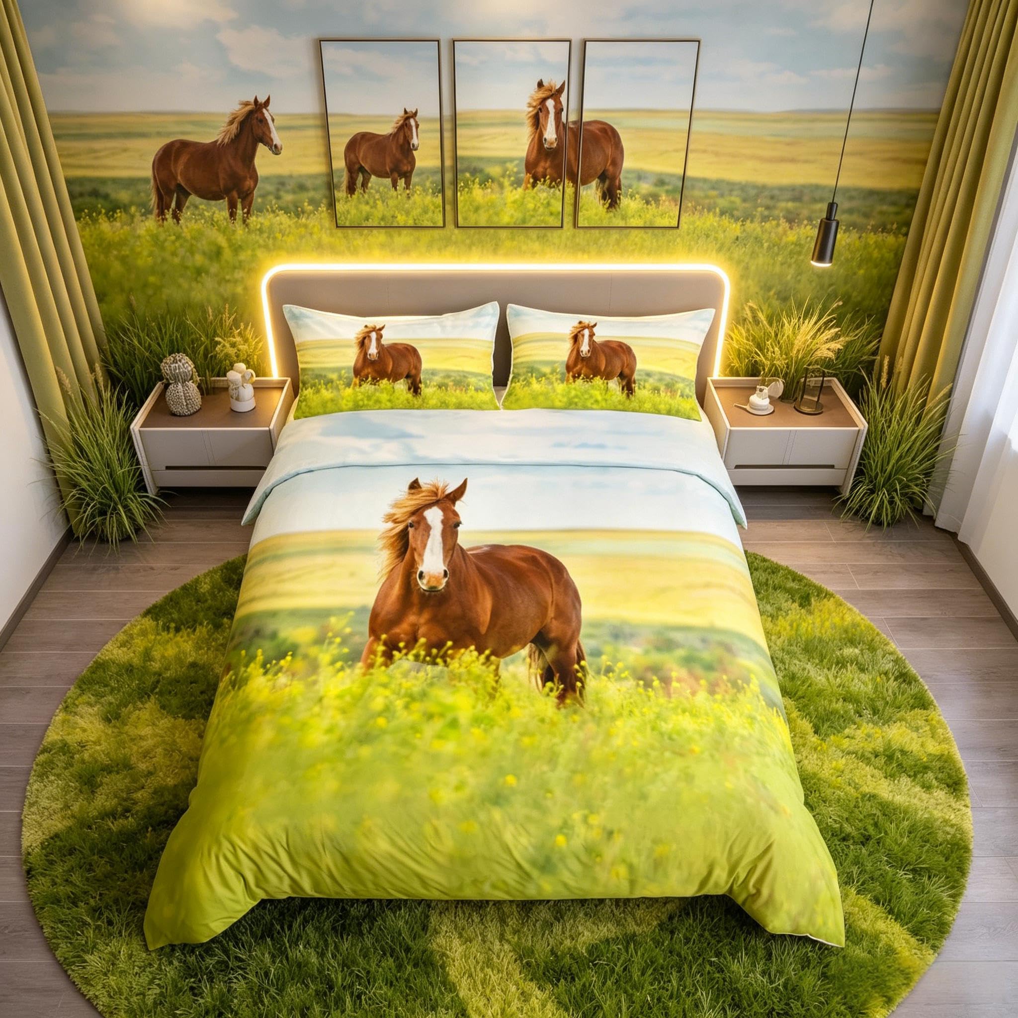 Homemissing Brown Horse Duvet Cover Set Single Size for Kids Blossom Flowers Bedding Set Animals Comforter Cover with 1Pillow Shams Zipper Ultra Soft Microfiber 3D Bedding & Linen Single Size โ image 1