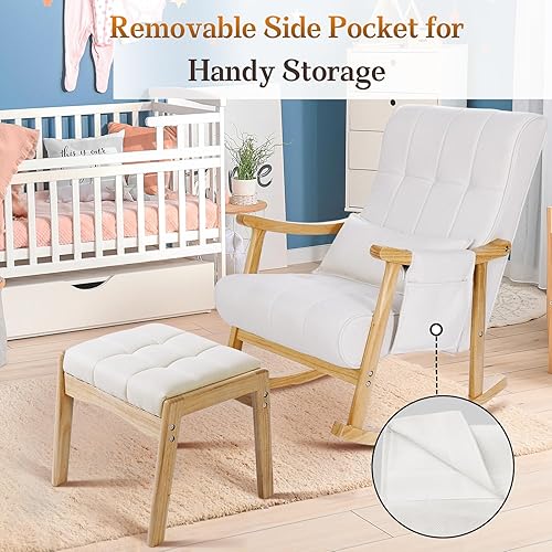 Miniatura 5 de NOBLEMOOD Mecedora tapizada con otomana, moderna silla mecedora de interior para guardería, sillón de respaldo alto de madera maciza con asiento