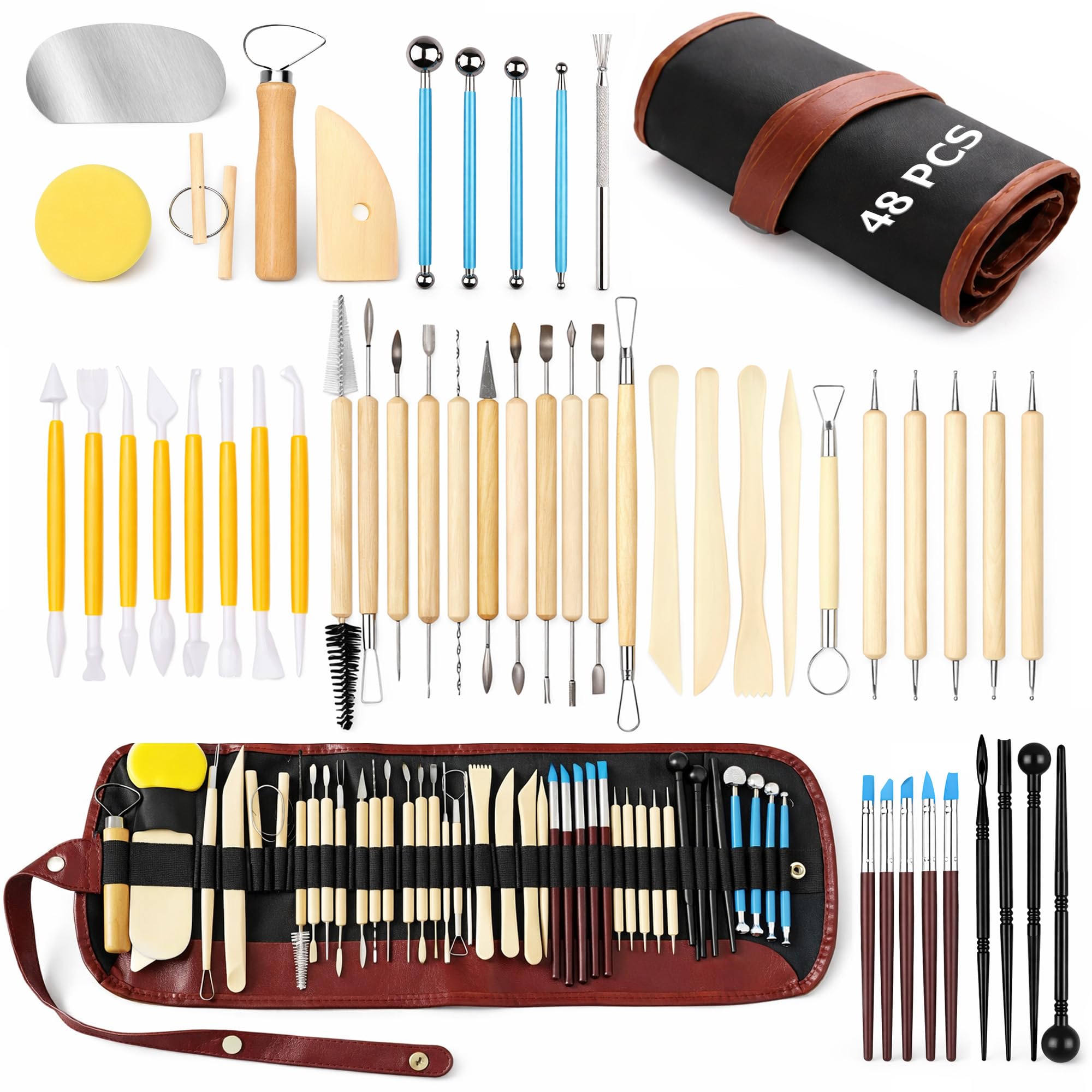 48Pcs Polymer Clay Tools Kit: Pottery Tools Air Dry Clay Tool with PU Storage Bag Clays Modelling Tool for Adults Beginners Pottery Sculpture Carving Scraper