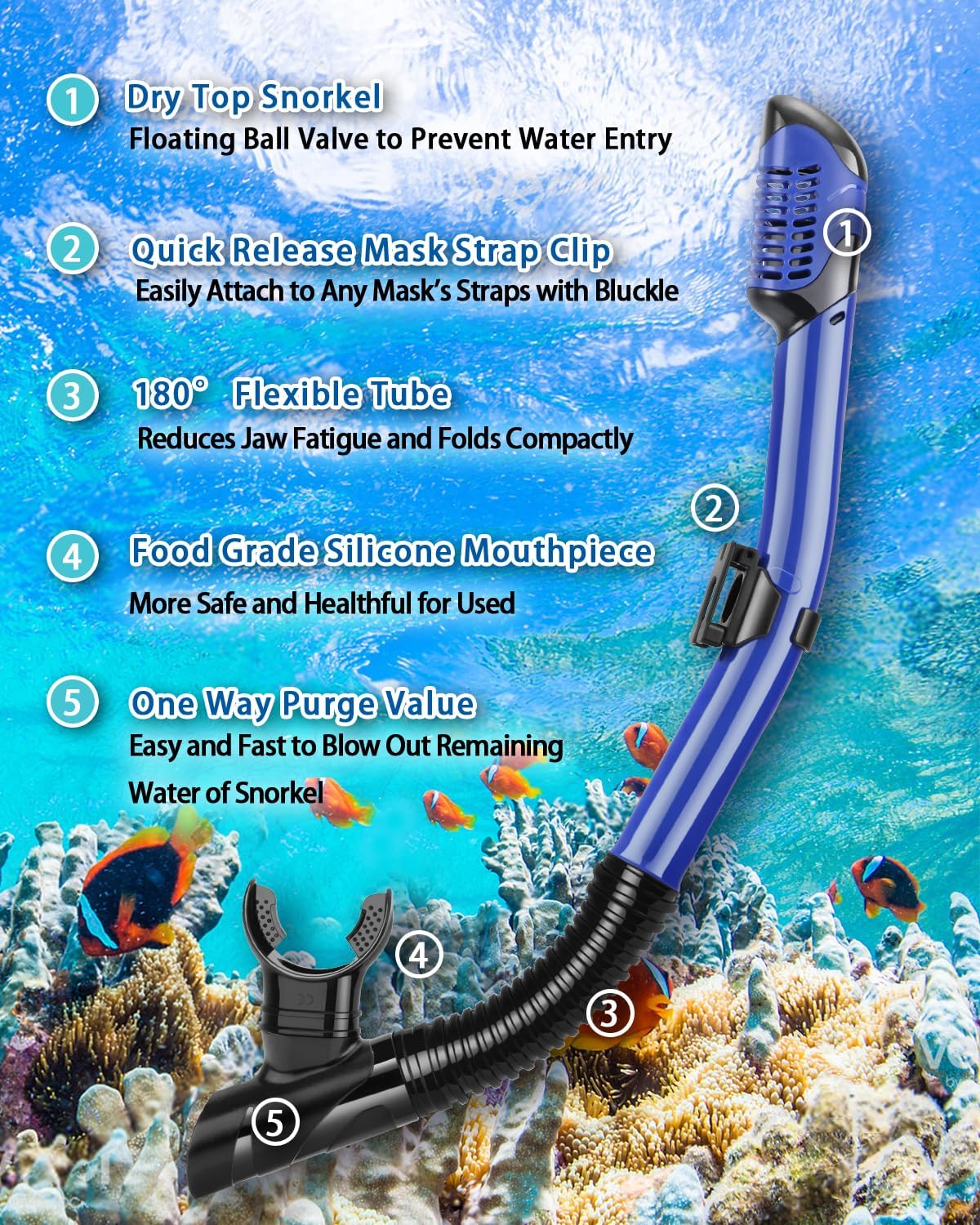 Snorkeling Gear for Adults, 4 in 1 Adult Snorkel Set with Panoramic View Snorkel Mask, Dry Top Snorkel, Adjustable Short Fins and Travel Bag, Snorkel Set with Fins for Snorkeling Diving - Image 4