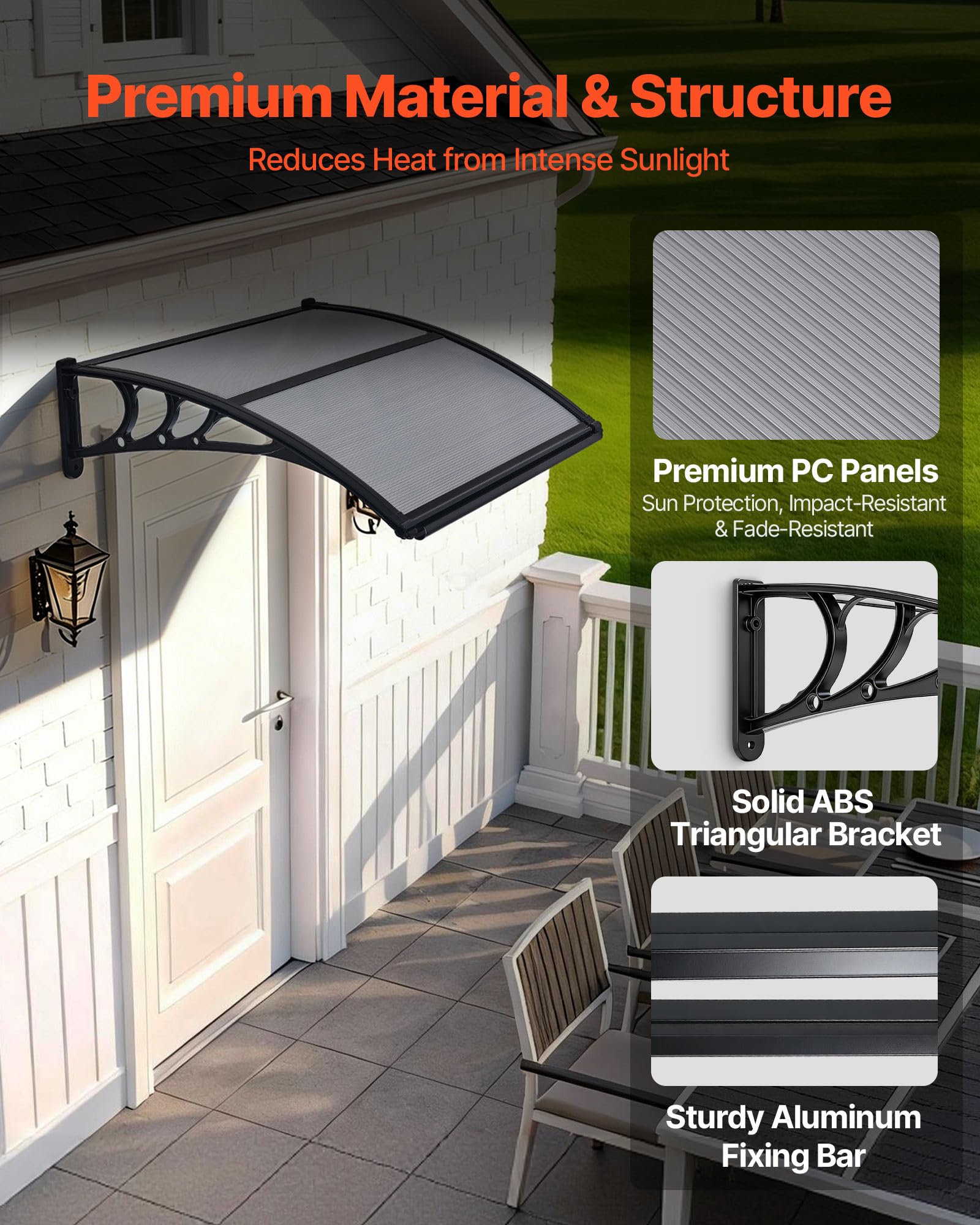 VEVOR Toldo para Puertas y Ventanas con Drenaje 100x75,5 cm, Tejadillo de Protección para Entrada con Soporte de ABS, Protección contra Lluvia, Nieve, Sol, Toldo de Policarbonato para Porche, Gris