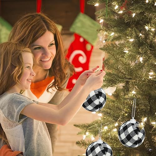 Miniatura 5 de 12 bolas de Navidad de tela de búfalo a cuadros de 3.2 pulgadas3.150 in, adornos colgantes de Navidad, adornos decorativos para colgar en el árbol