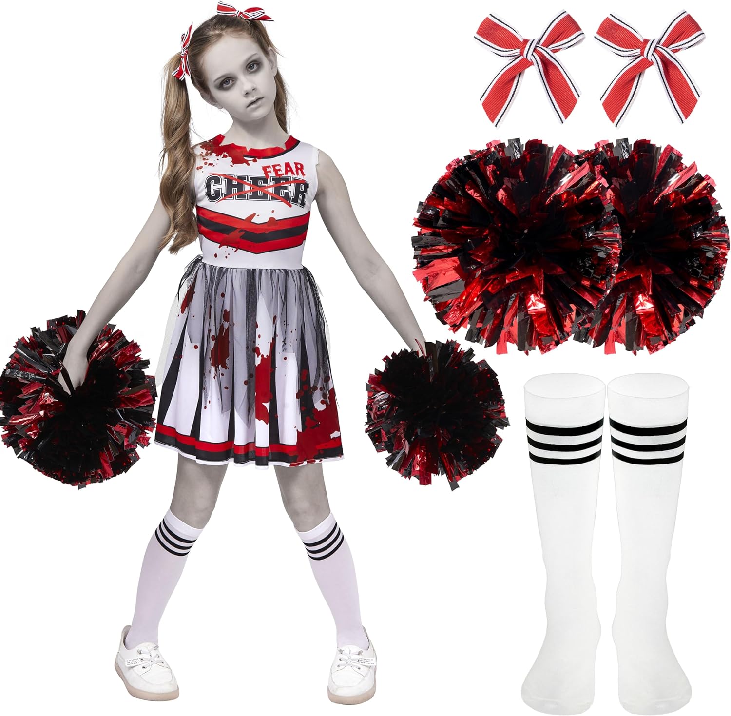 Spooktacular Creations Halloween Cheerleader Costume for Girls, Kids Zombie Cheerleader Outfit, Dead Fearleader Dress
