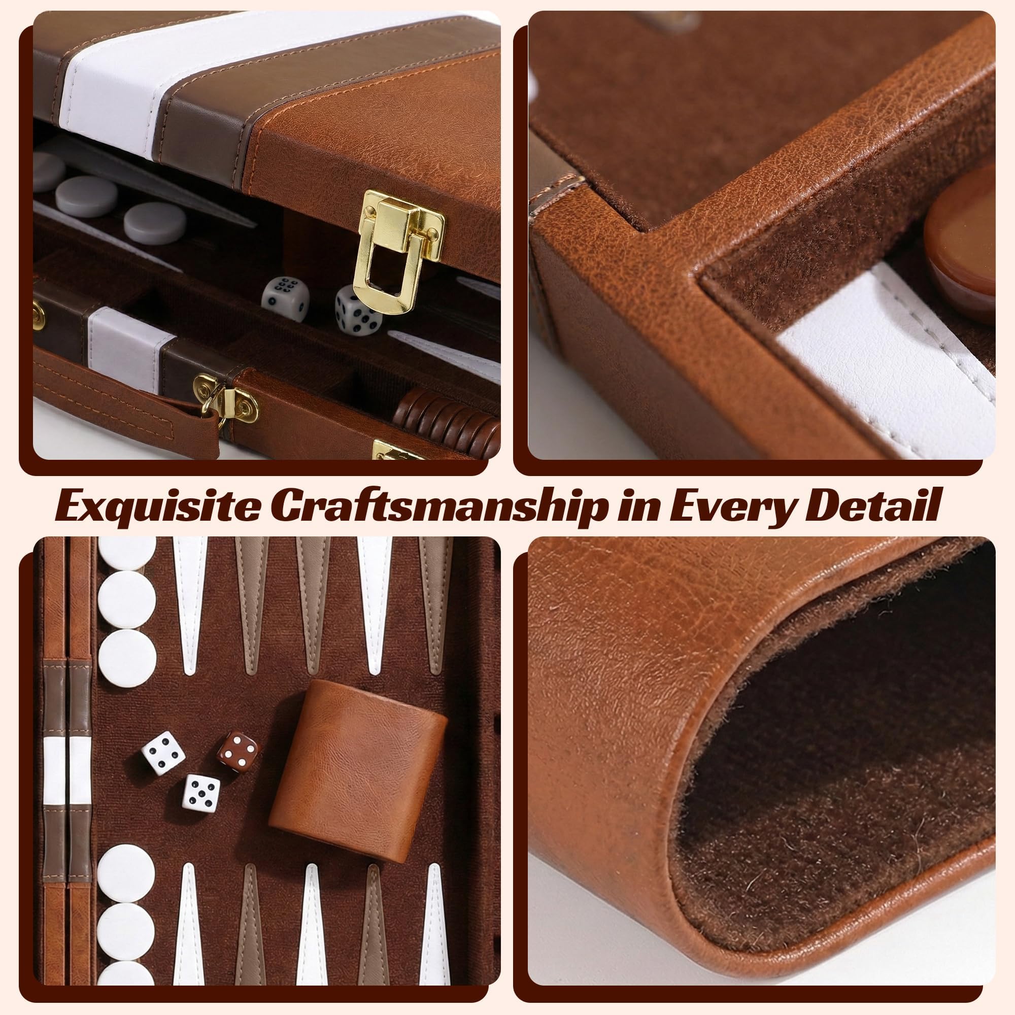 Jeu de Backgammon de Voyage, PUYUKO Jeu de Société de Luxe 11" avec Mallette en Cuir PU pour 2 Joueurs, Mallette de Backgammon avec Dés et Pions pour Adultes et Hommes (Brun)
